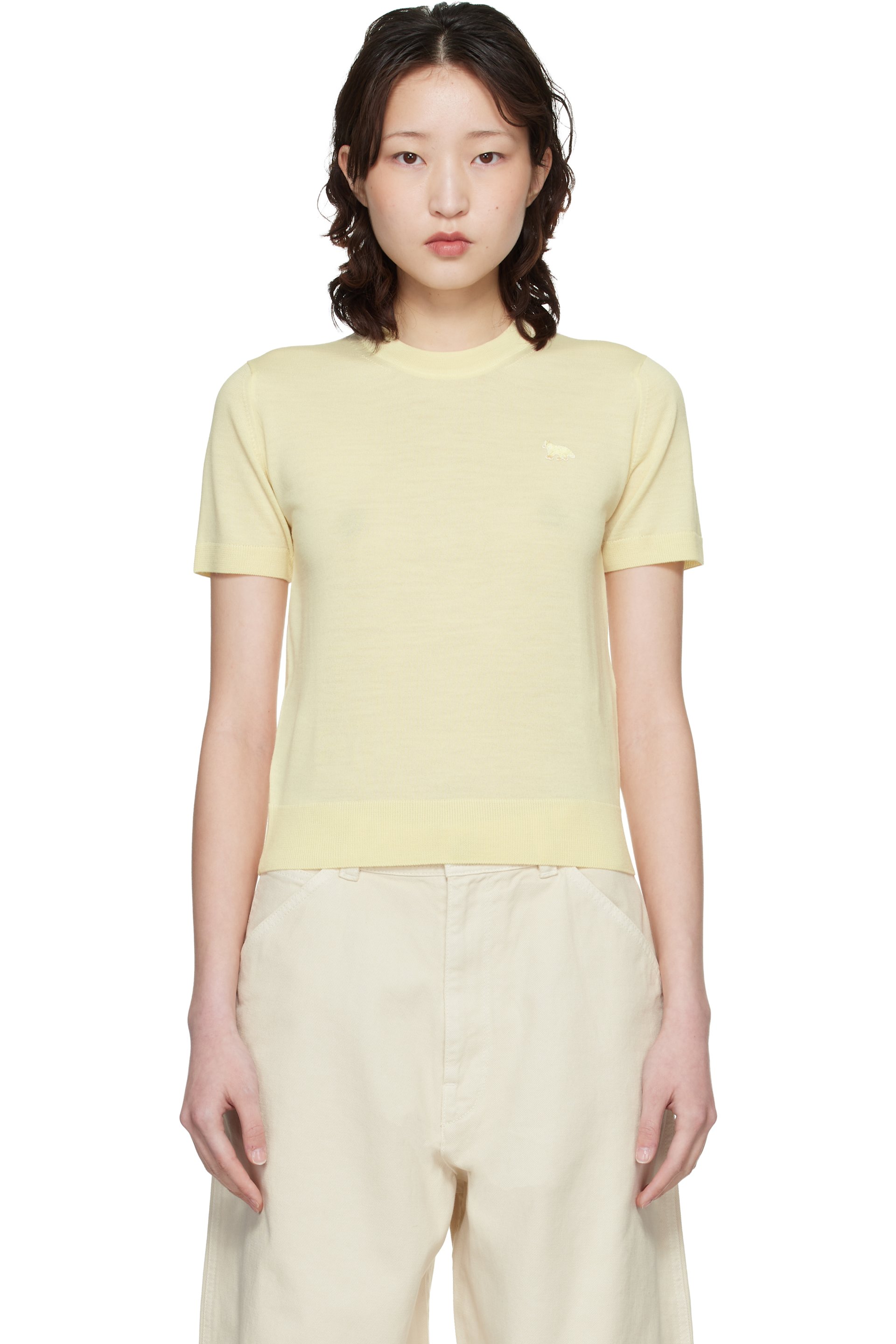 Maison Kitsuné: Yellow Baby Fox Fine Merino Sweater | SSENSE