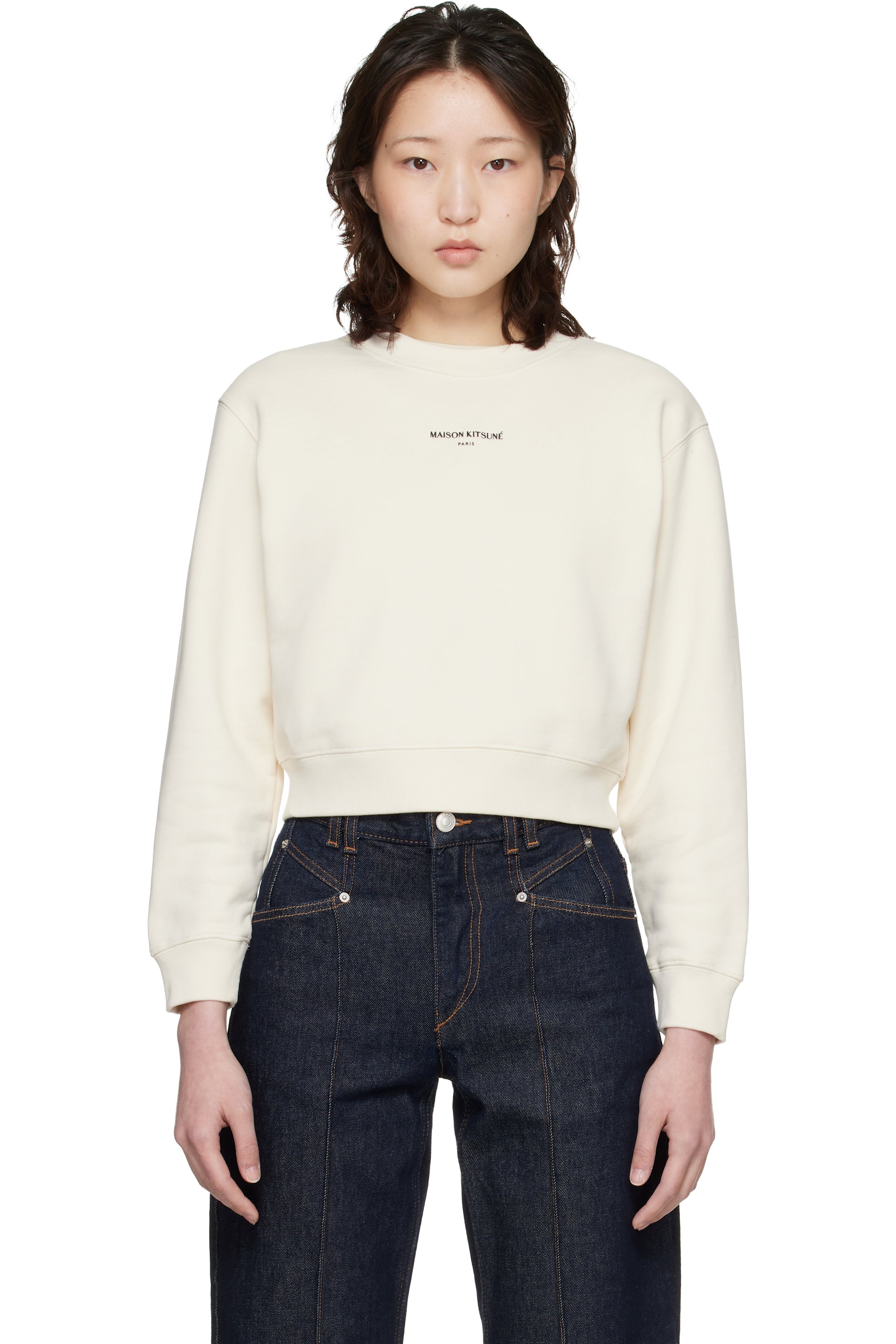 Maison Kitsuné - Pull molletonné écourté 'Maison Kitsuné Paris' blanc cassé