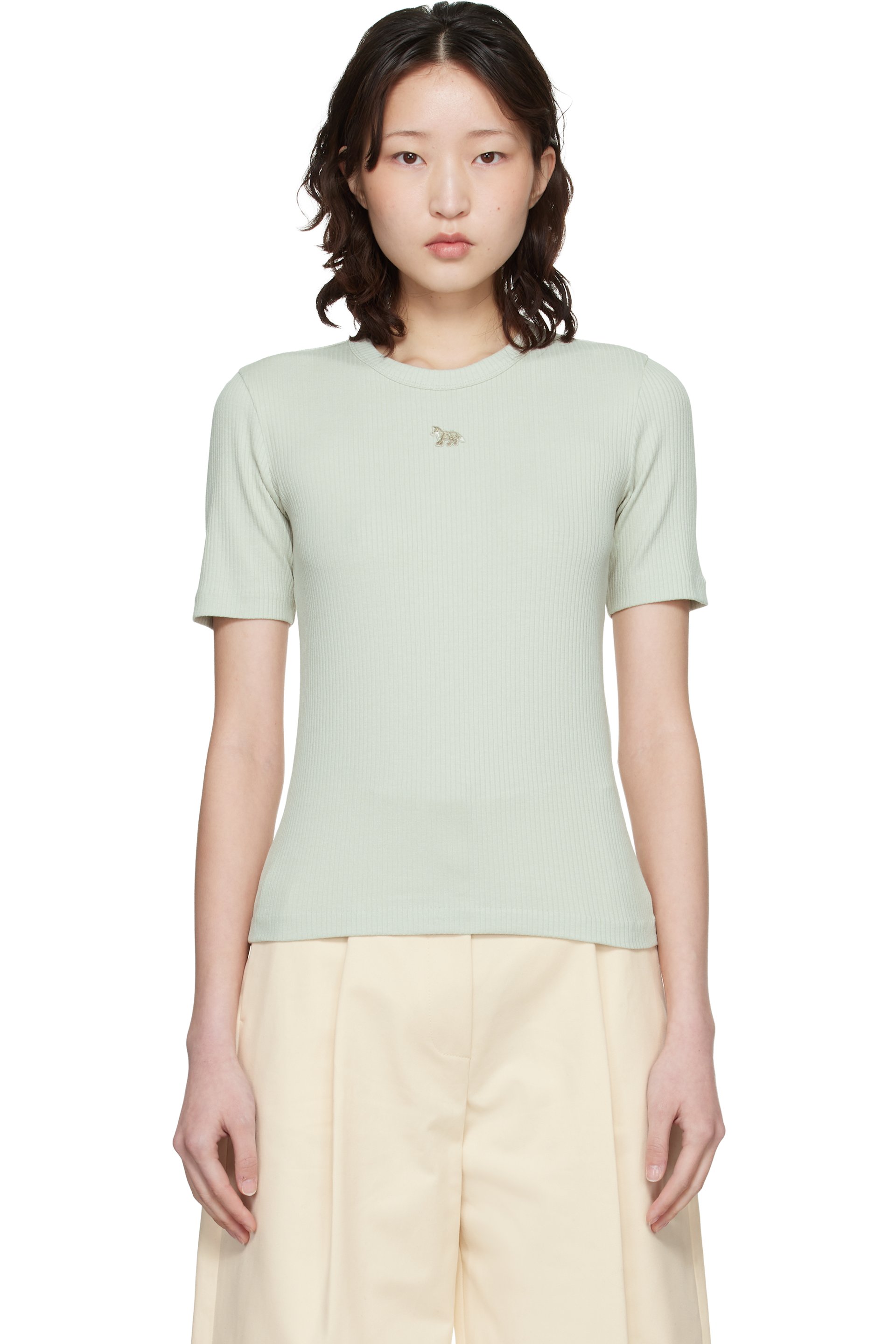 Maison Kitsuné - T-shirt ajusté vert en jersey côtelé à logo Baby Fox