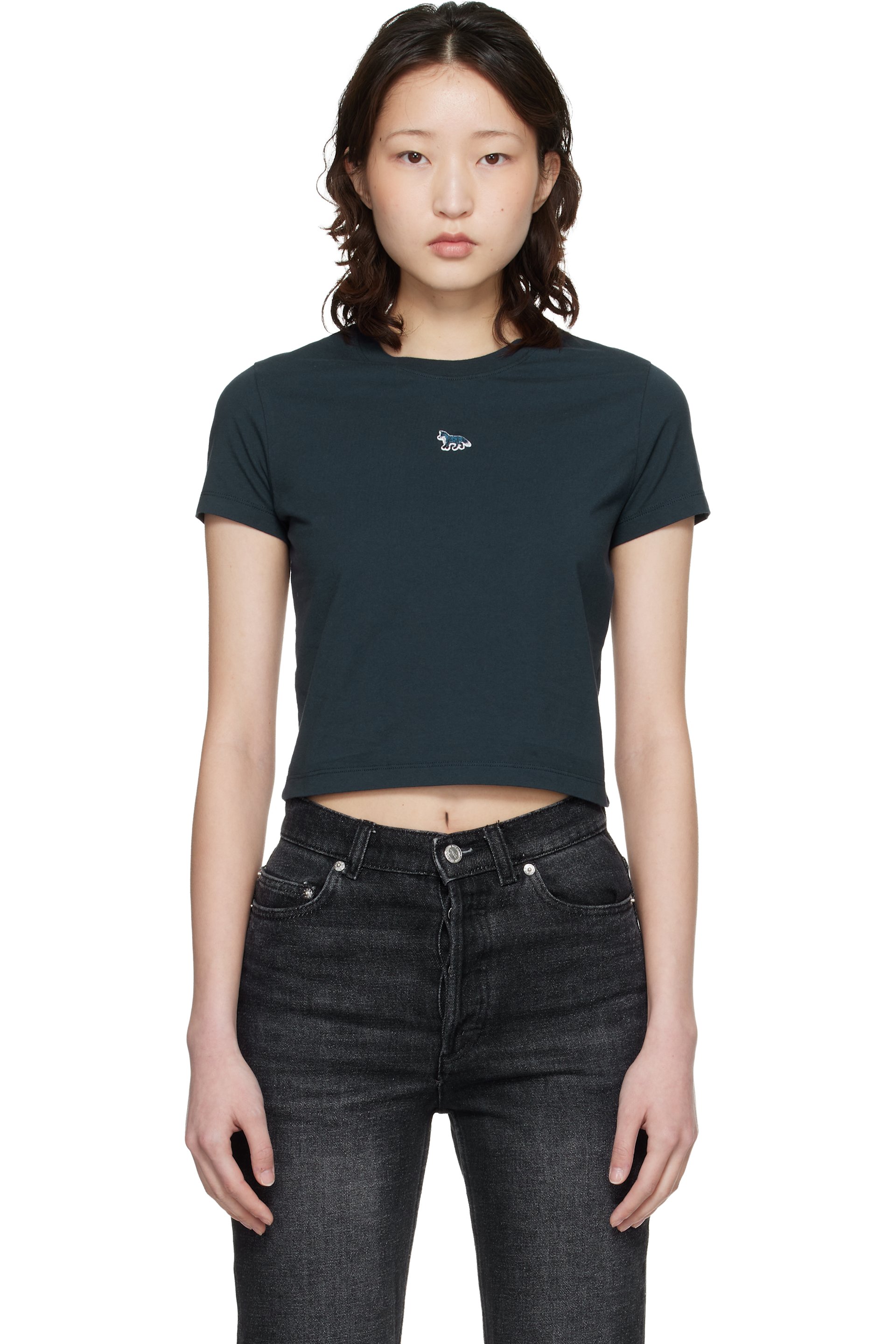 Maison Kitsuné - Micro t-shirt bleu marine à logo Baby Fox
