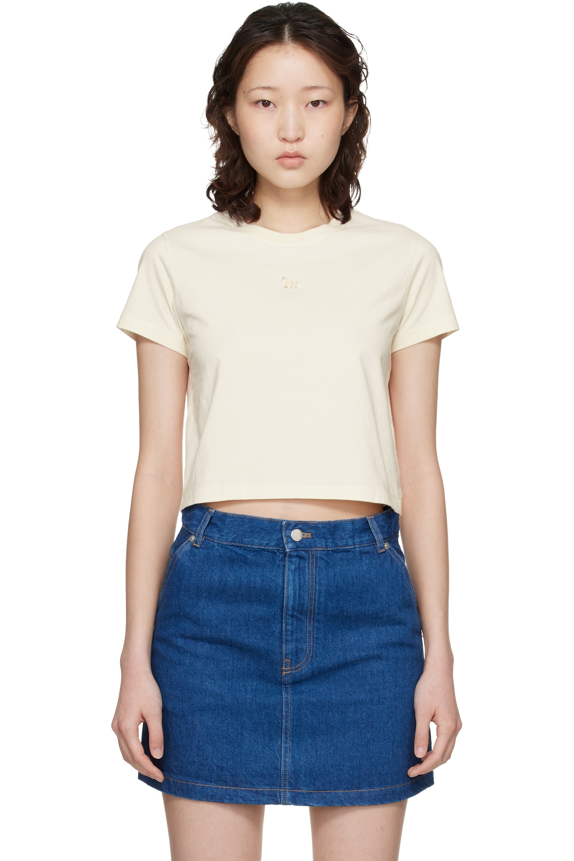 Maison Kitsuné - Micro t-shirt blanc cassé à logo Baby Fox