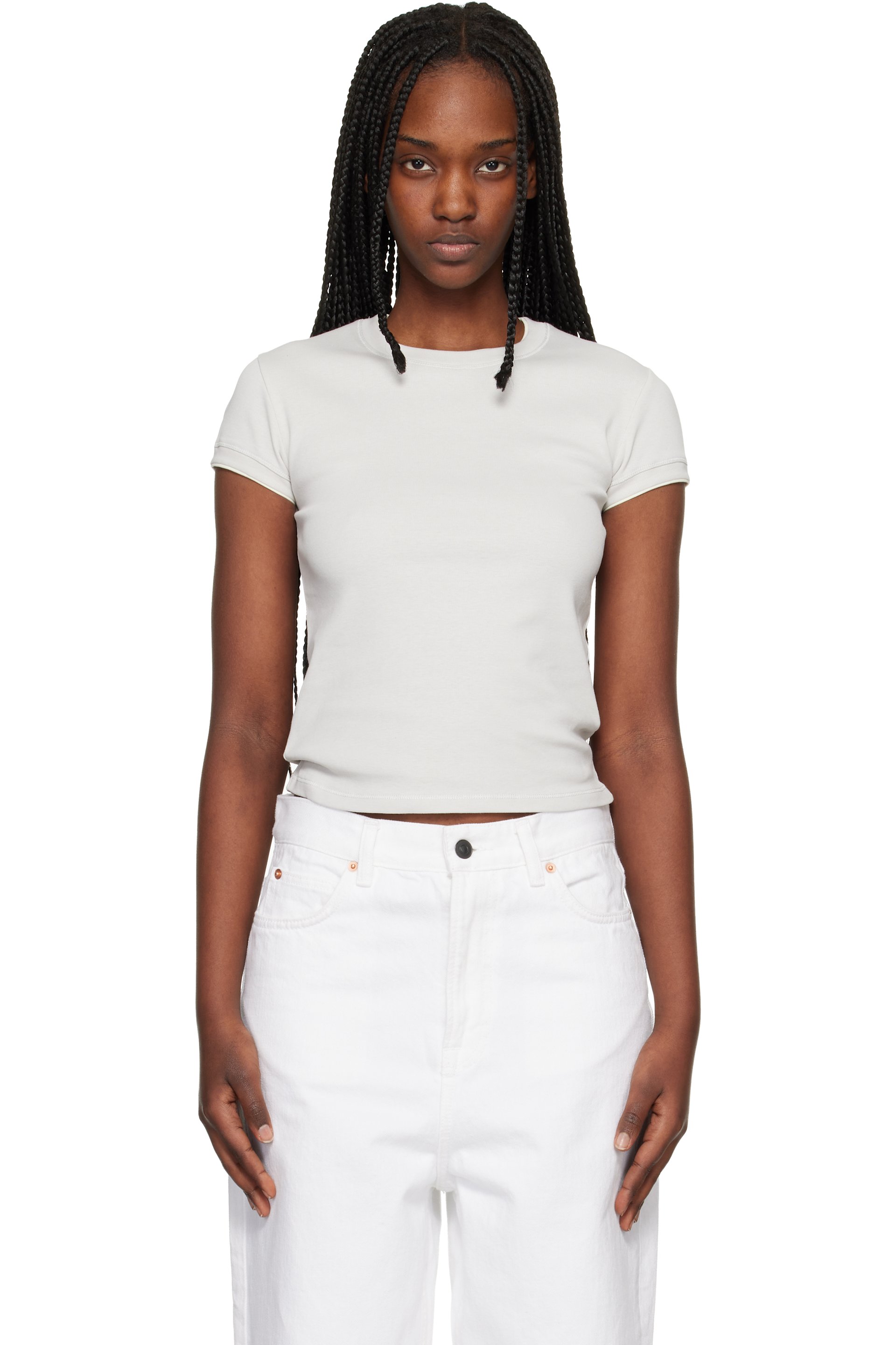 Maison Kitsuné - T-shirt ajusté gris en tricot côtelé