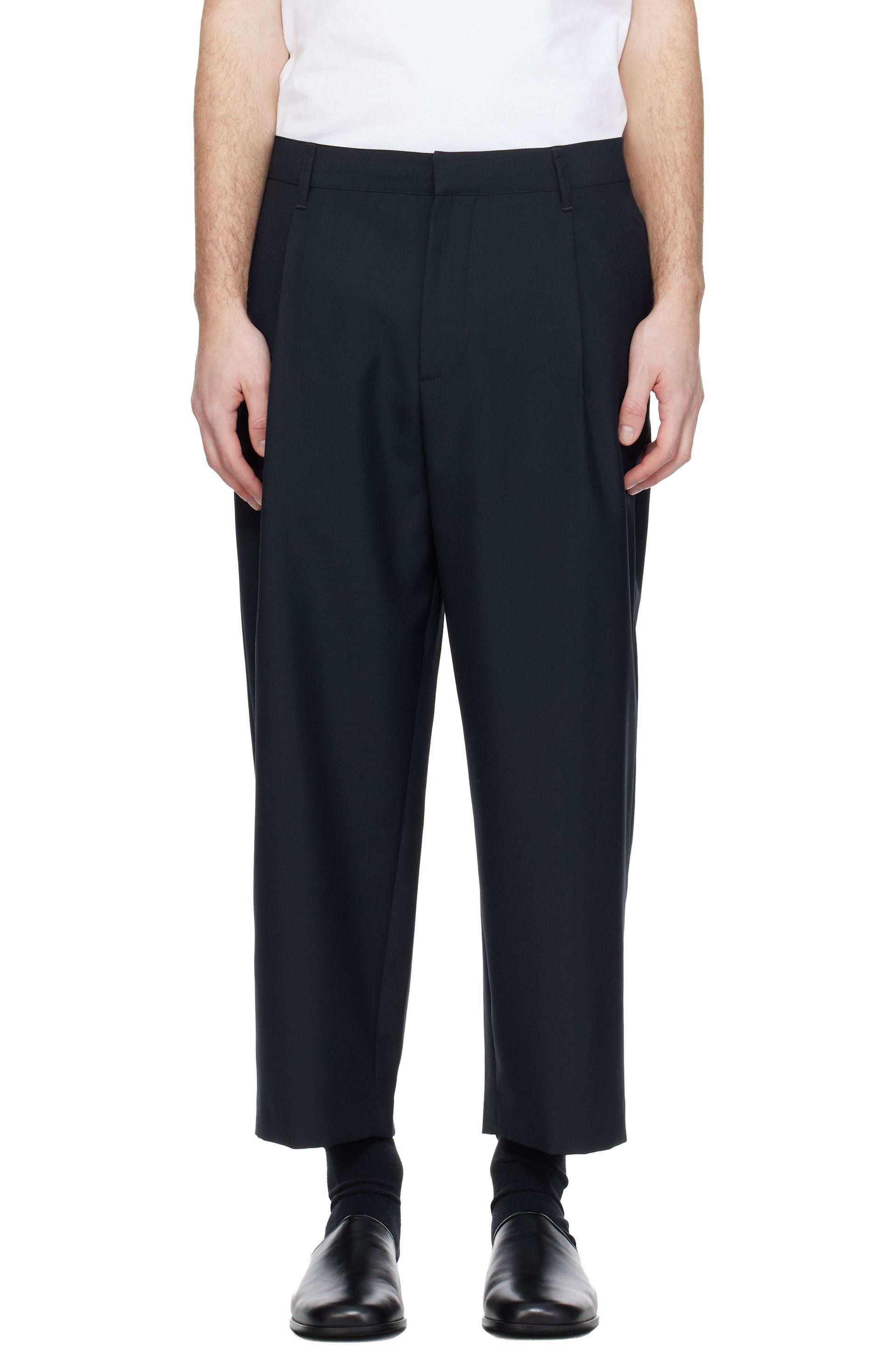 Maison Kitsuné - Navy Cropped Pleated Trousers