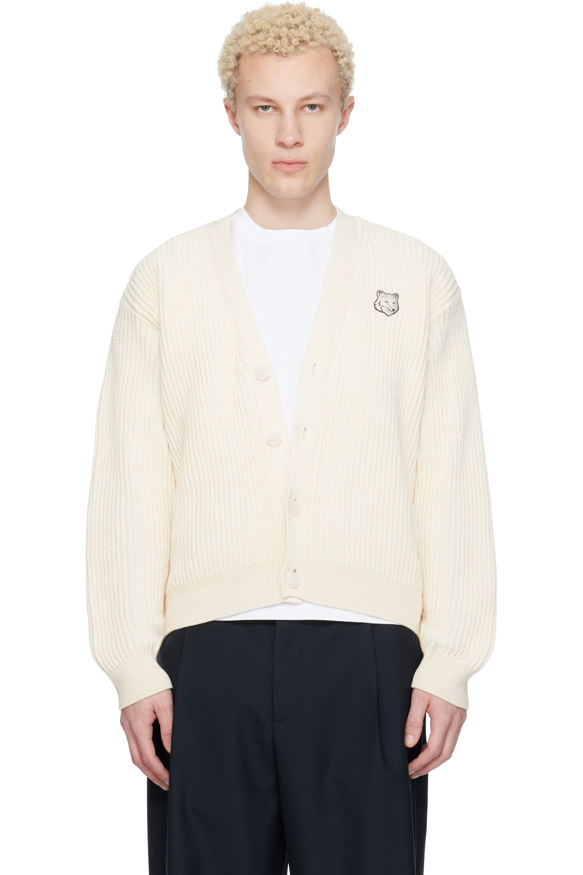 Maison Kitsuné - Off-White Fox Head Cotton Ribbed Cardigan