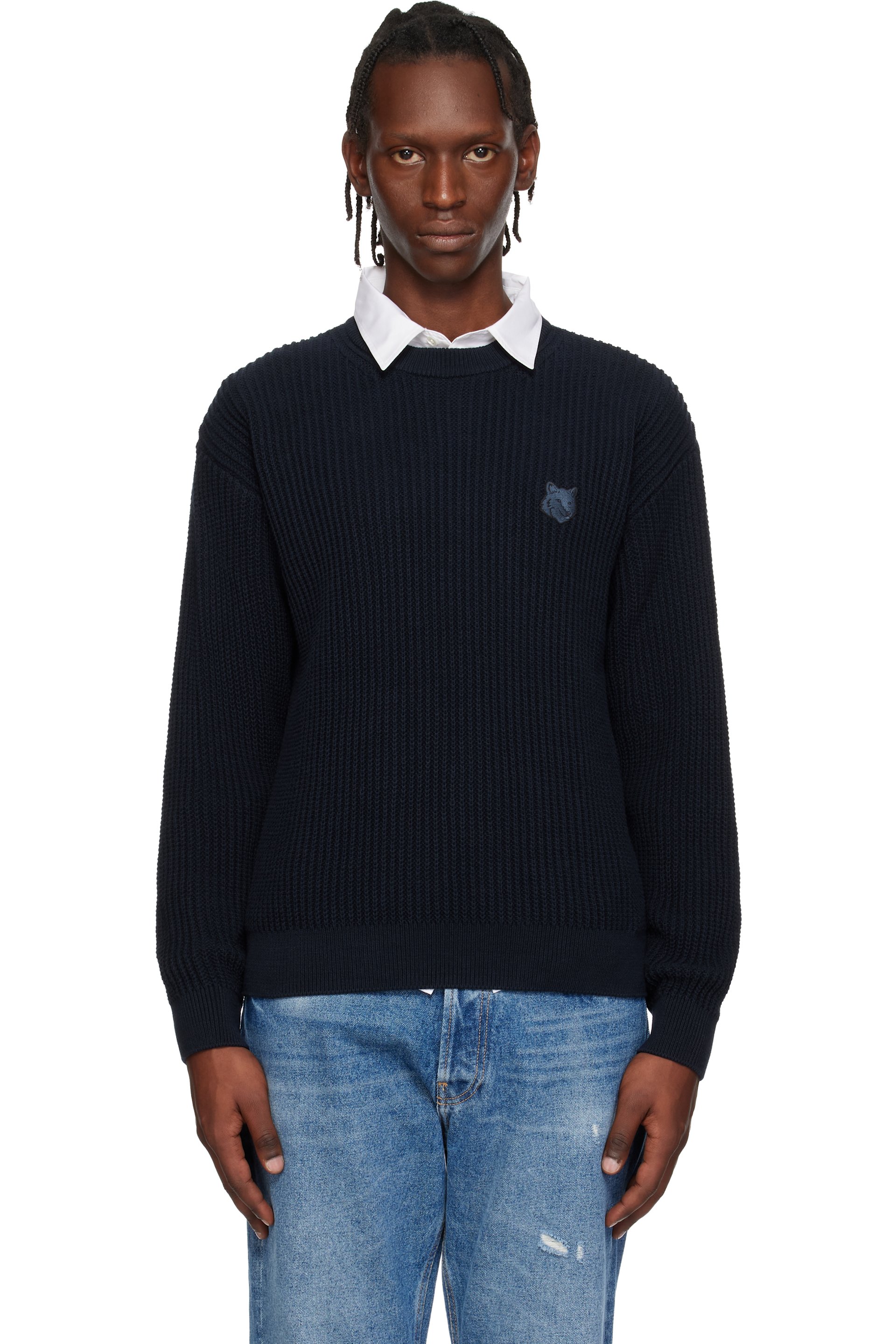 Maison Kitsuné - Navy Fox Head Cotton Ribbed Sweater