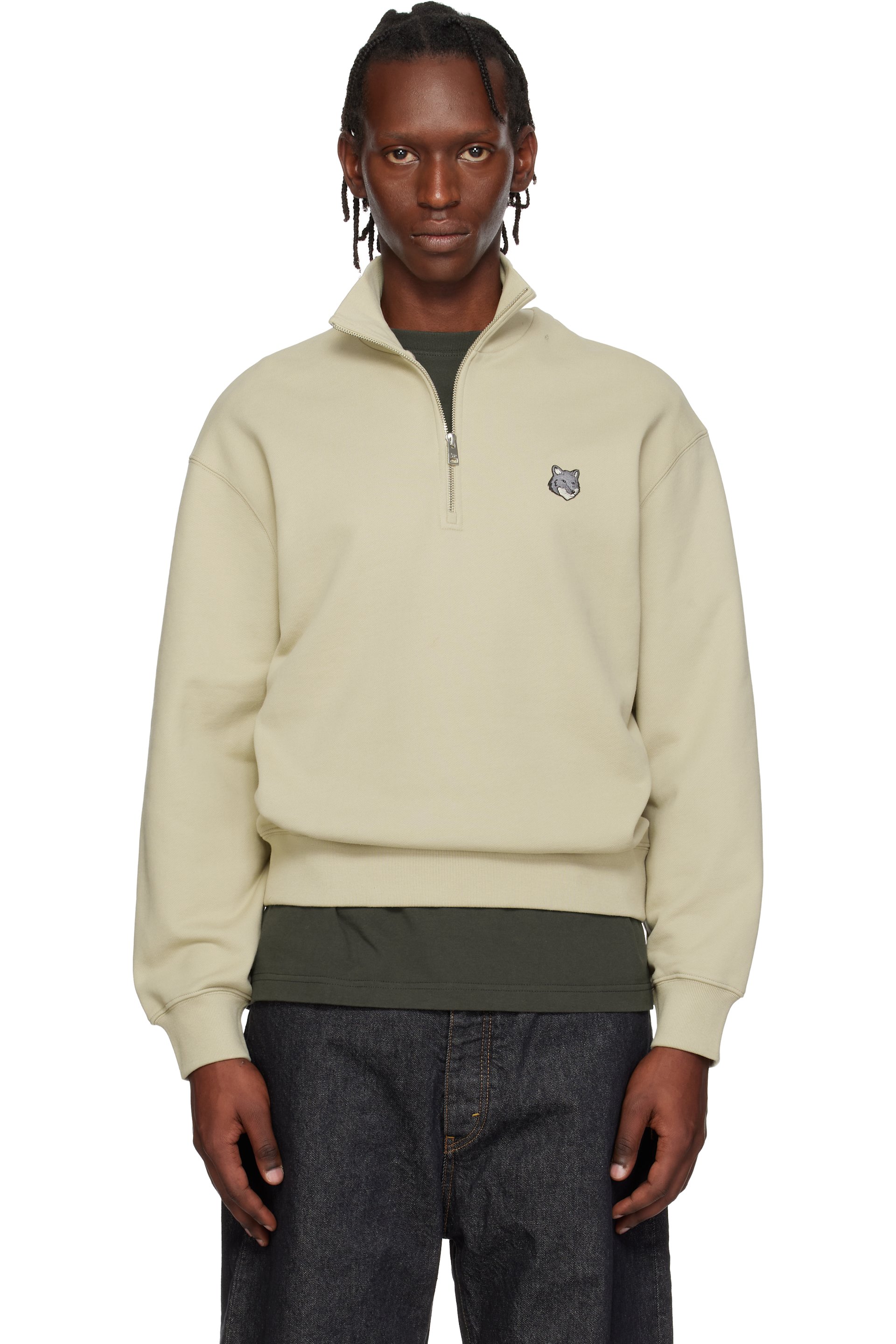 Maison Kitsuné - Beige Fox Head Comfort Half Zip Sweatshirt