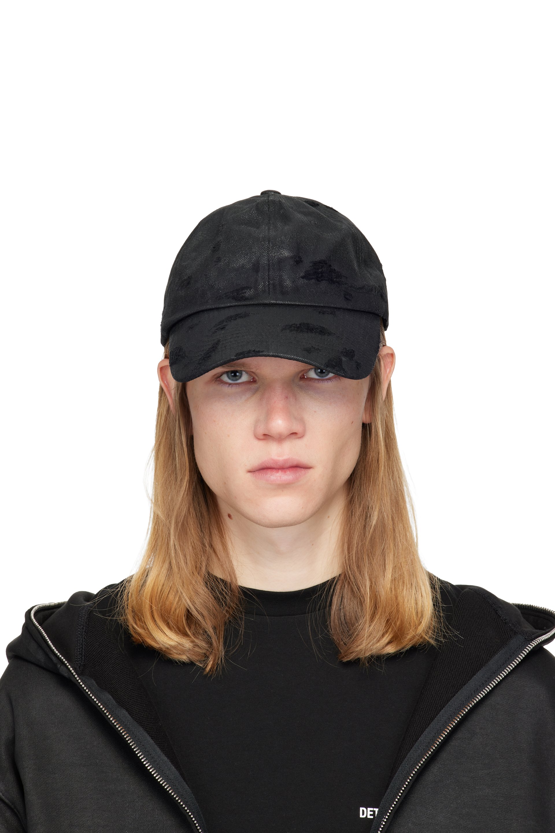 DET BLEV SENT - Black Distressed Waxed Denim Cap