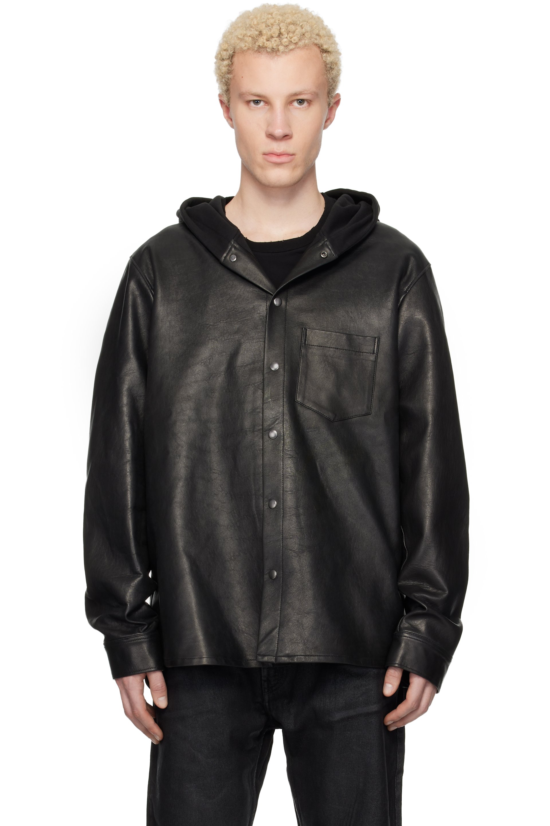 DET BLEV SENT - Black Hooded Leather Shirt