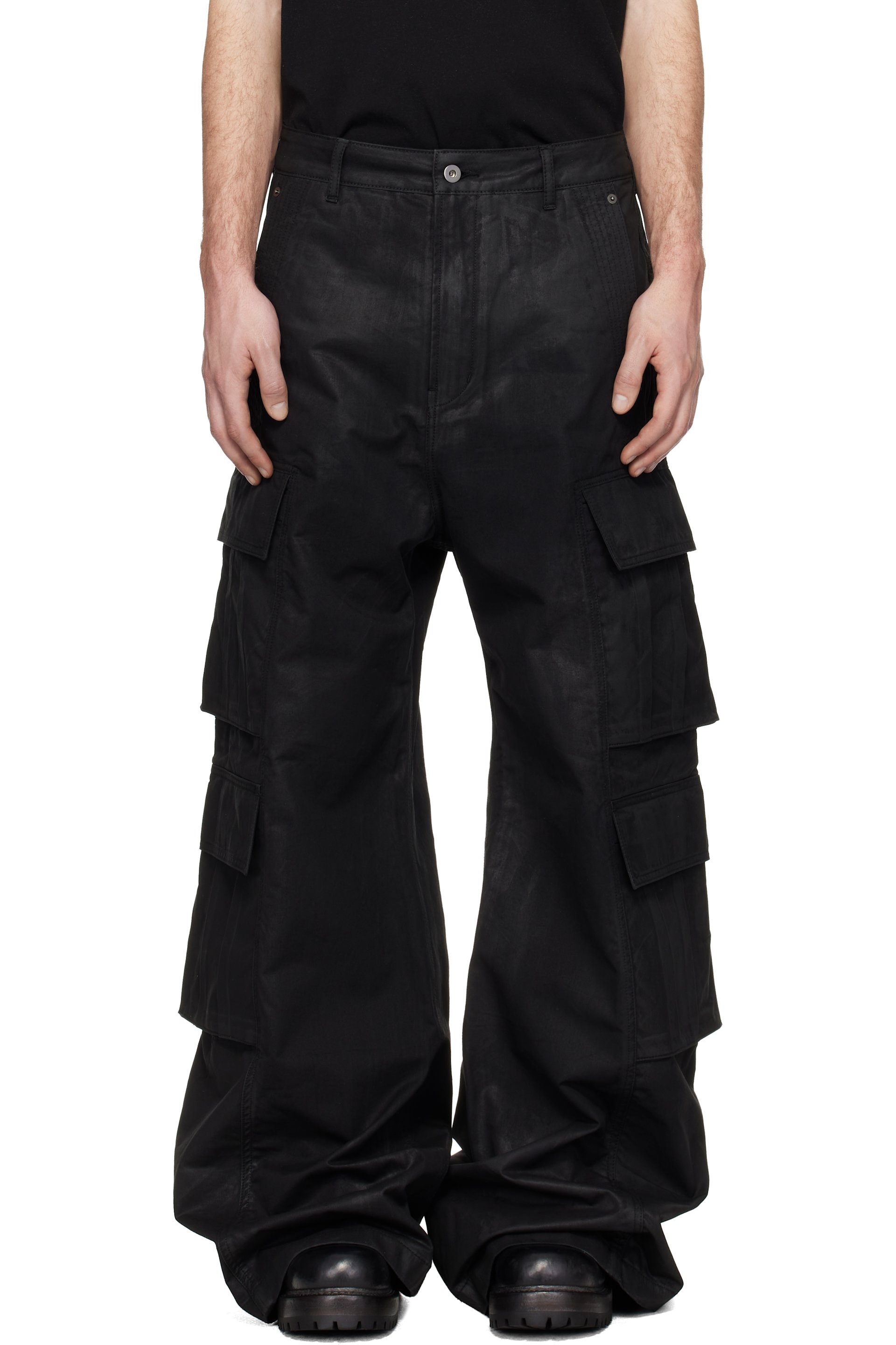 DET BLEV SENT - Black Waxed Grattan Cargo Pants