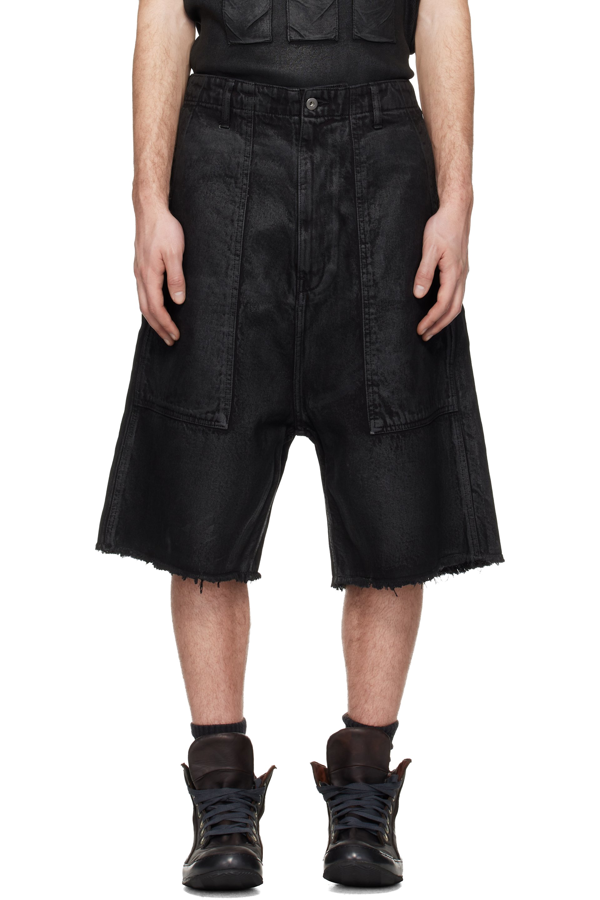 DET BLEV SENT - Black Waxed Fatigue Shorts