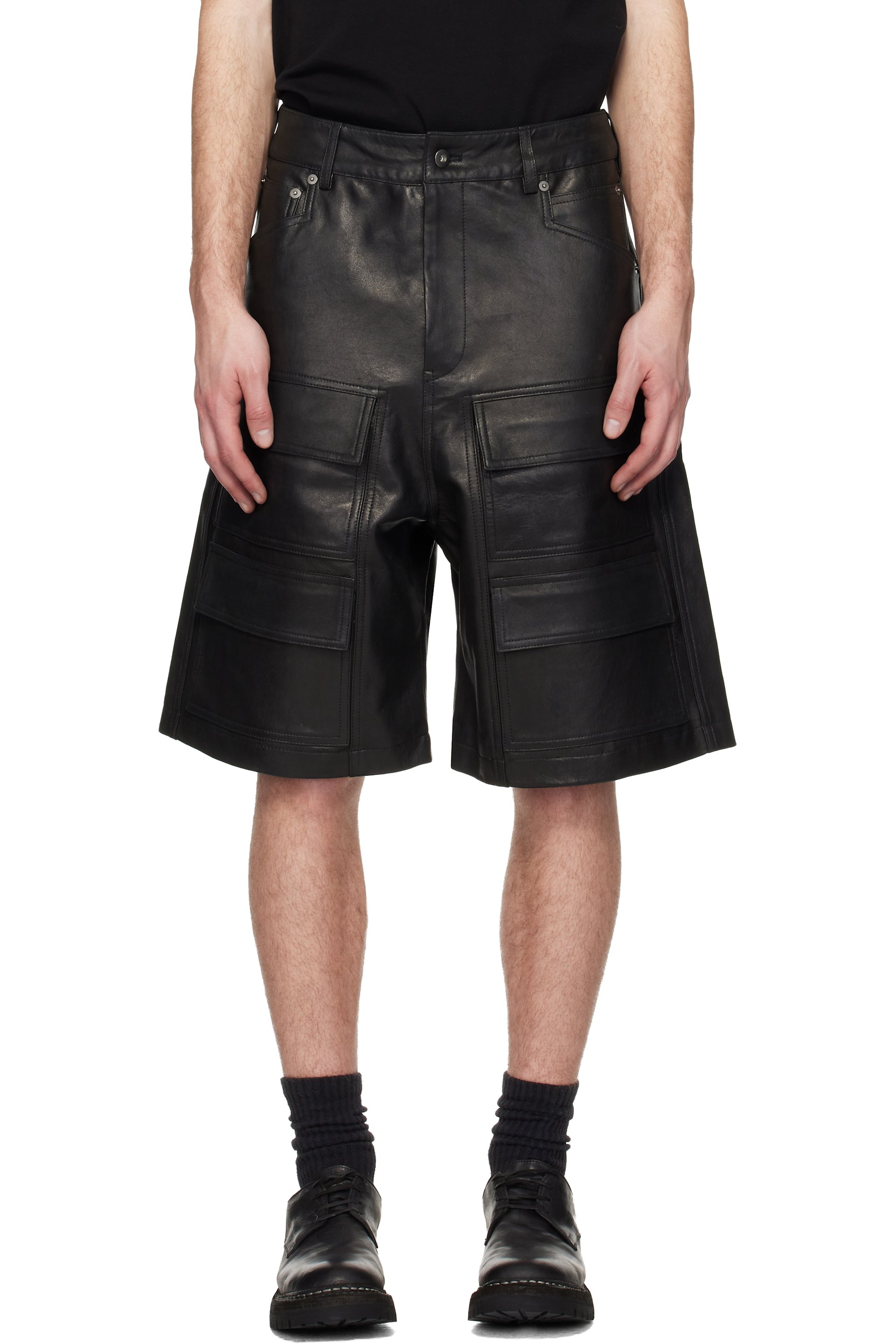 DET BLEV SENT - Black Leather Double Cargo Shorts