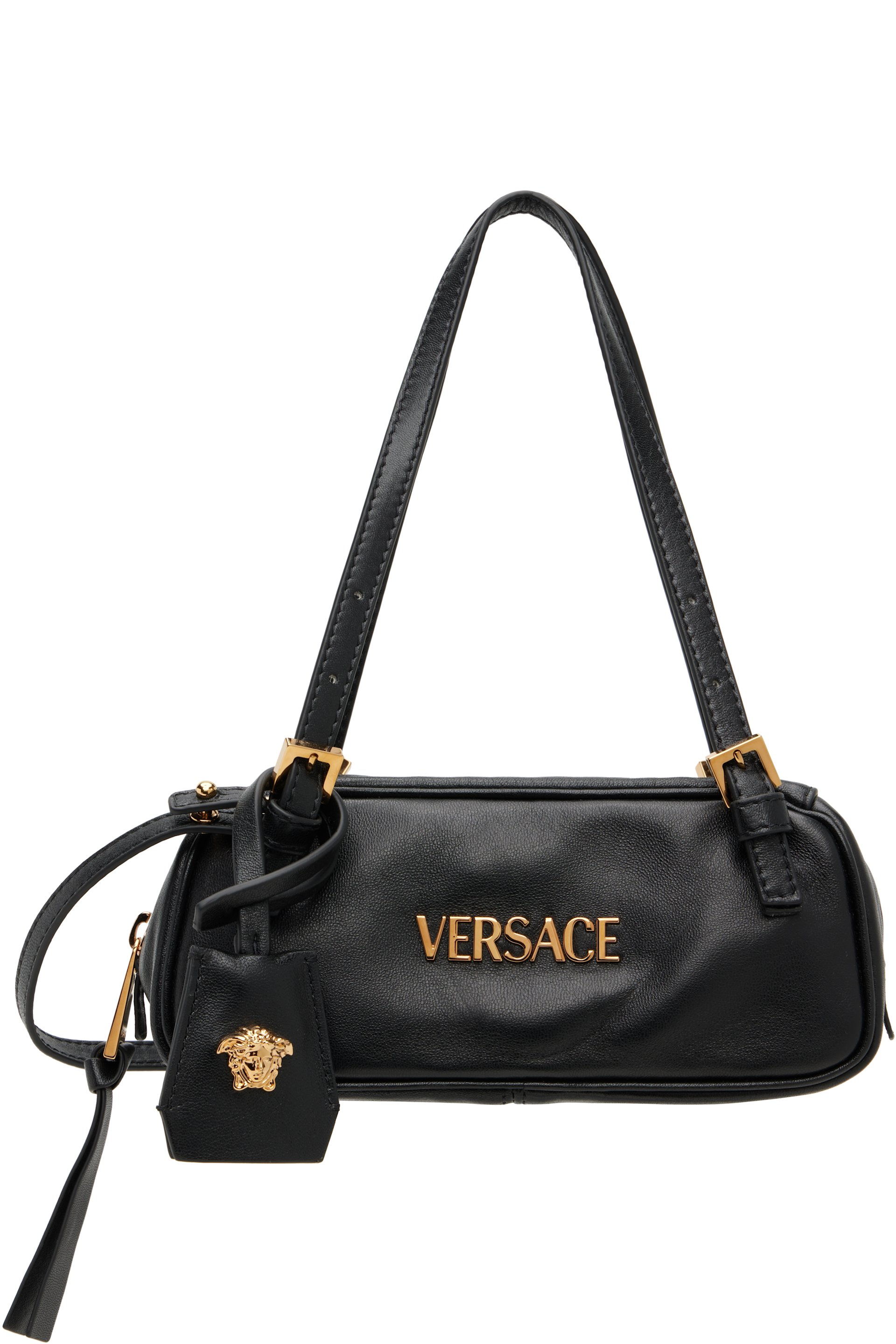 Versace - Mini sac de bowling noir en cuir nappa à étiquette Versace