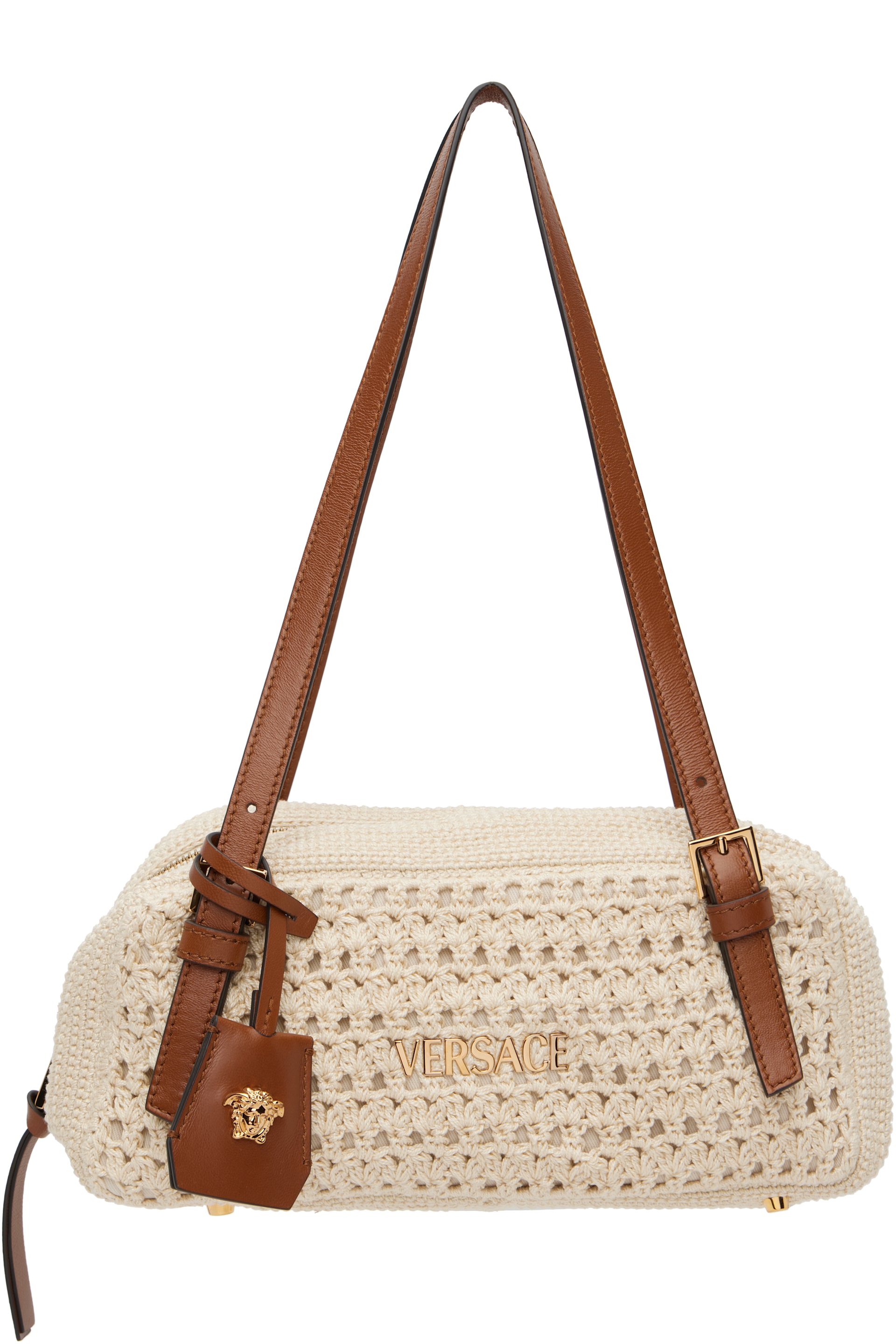 Versace - Sac de bowling beige en raphia à étiquette Versace Tag