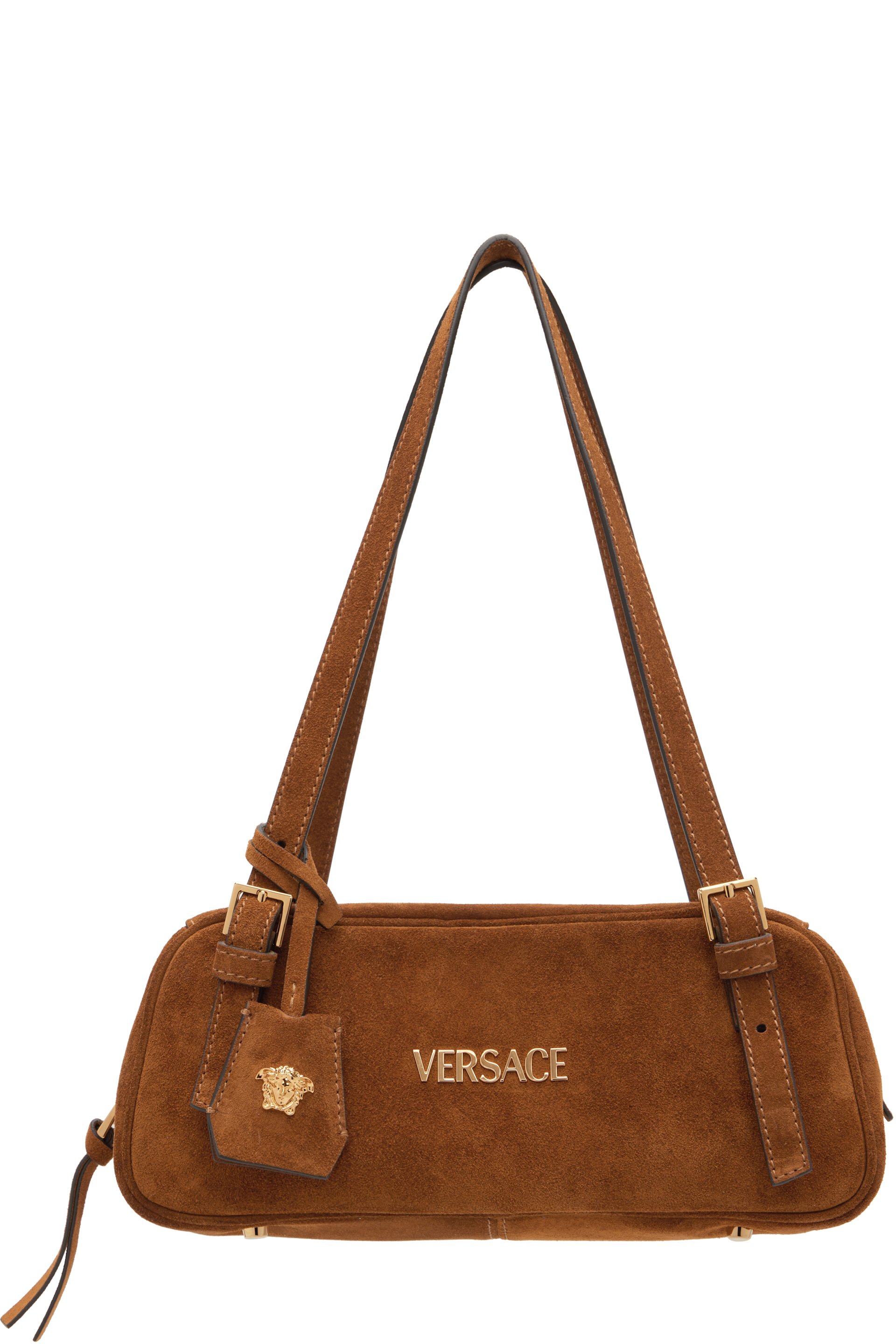 Versace - Sac de bowling brun en suède à étiquette Versace Tag