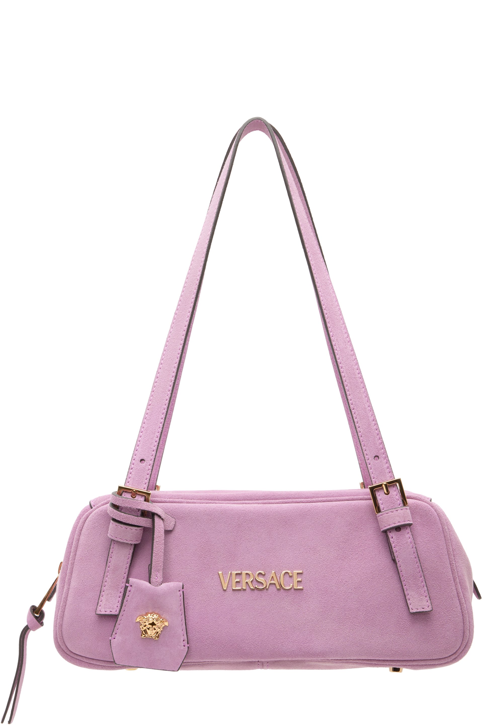 Versace - Sac de bowling rose en suède à étiquette Versace Tag