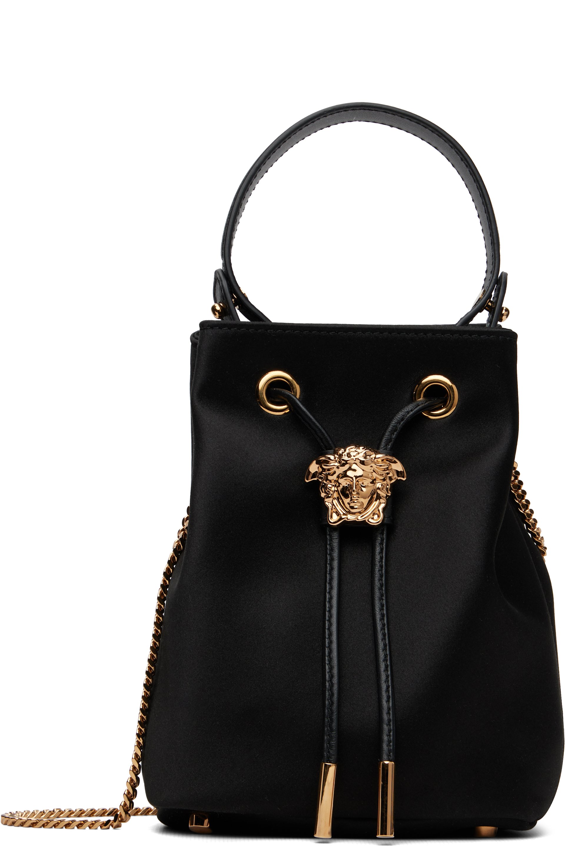 Versace - Mini sac seau noir en satin à logo La Medusa