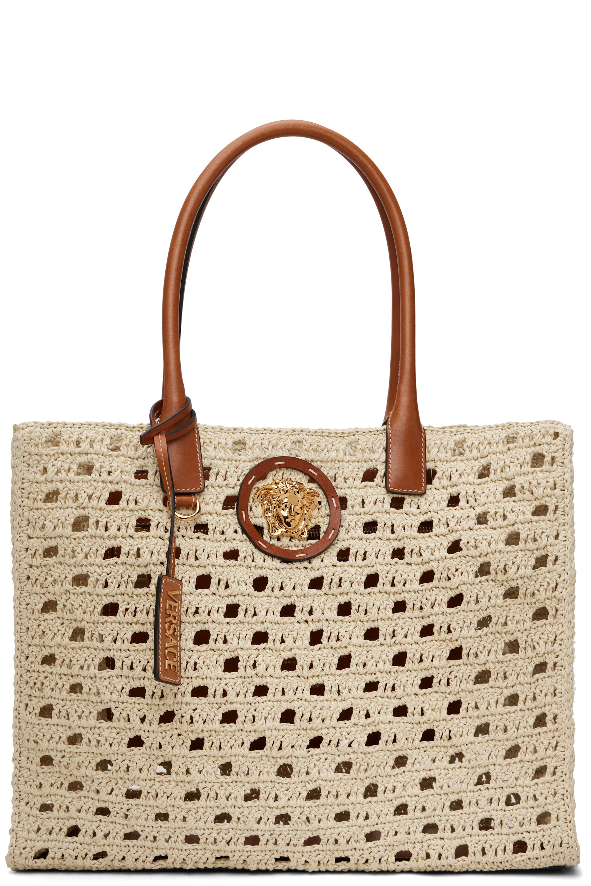 Versace - Grand cabas beige en raphia à logo La Medusa