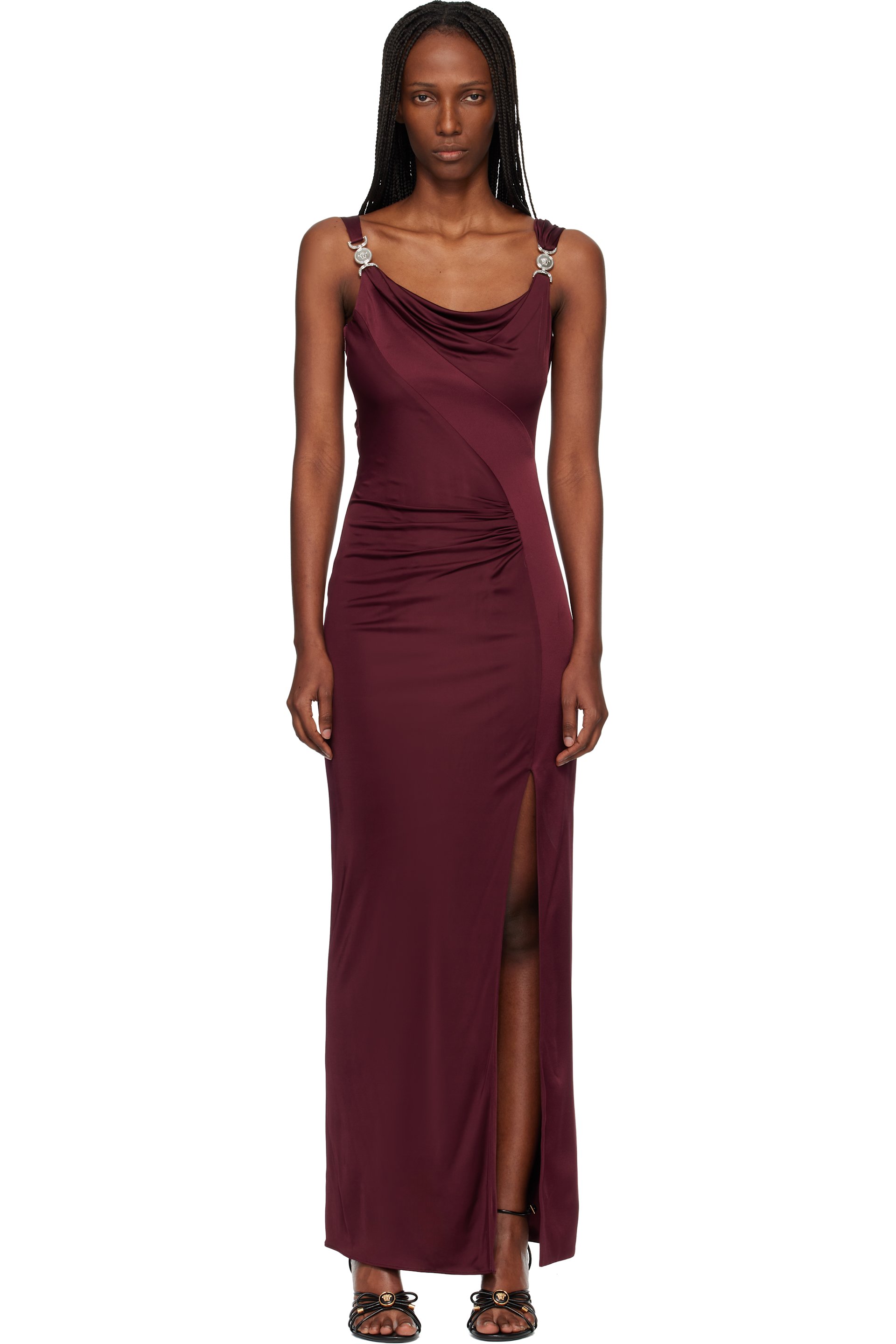 Versace - Robe longue drapée bourgogne en jersey de viscose