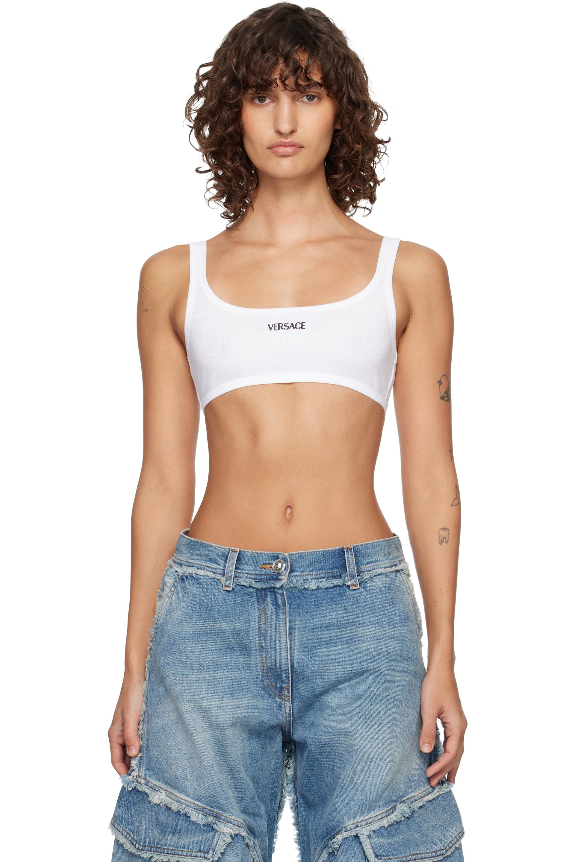 Versace - Soutien-gorge blanc en tricot côtelé de coton