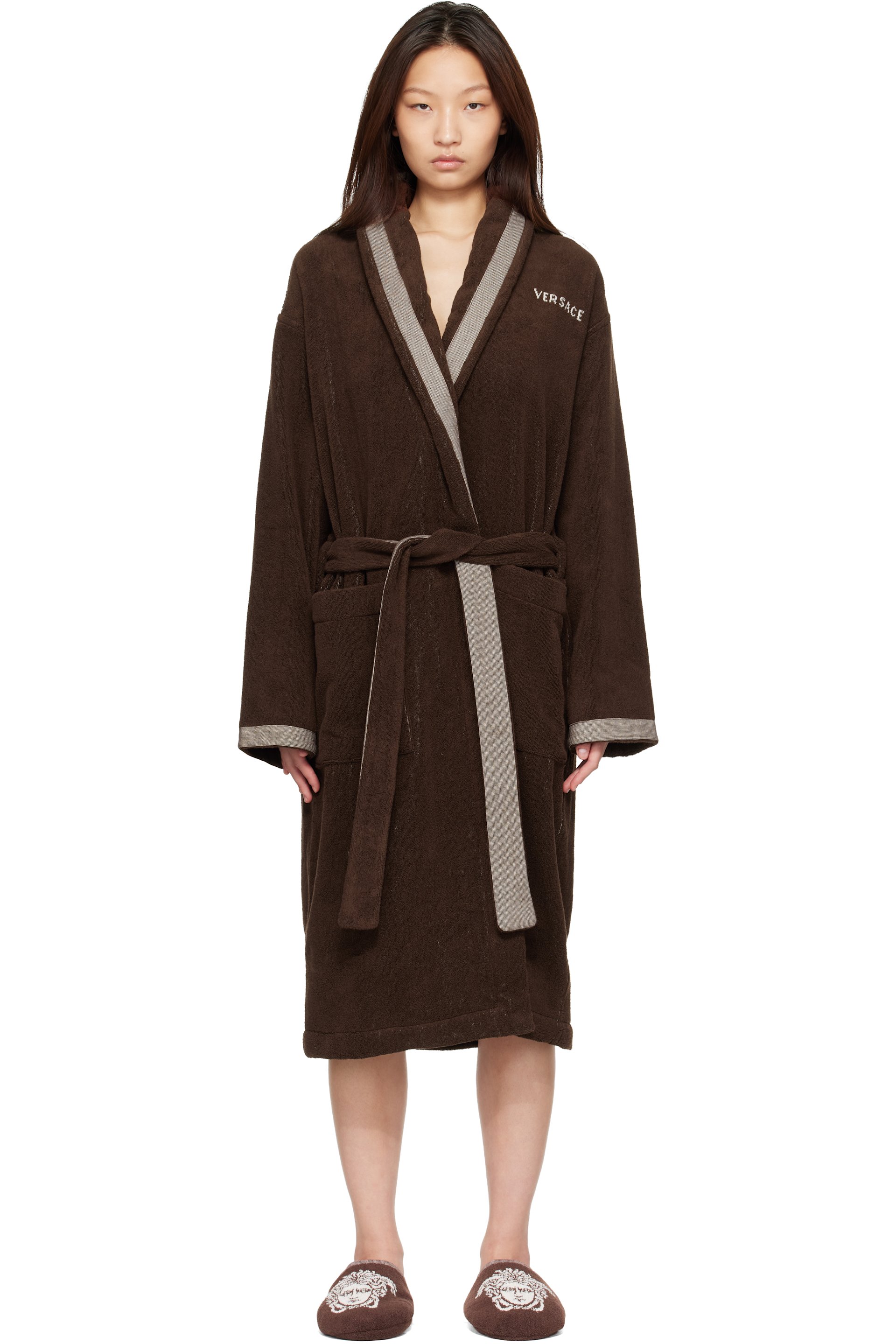 Versace - Brown Cotton-Terry Jacquard Bathrobe