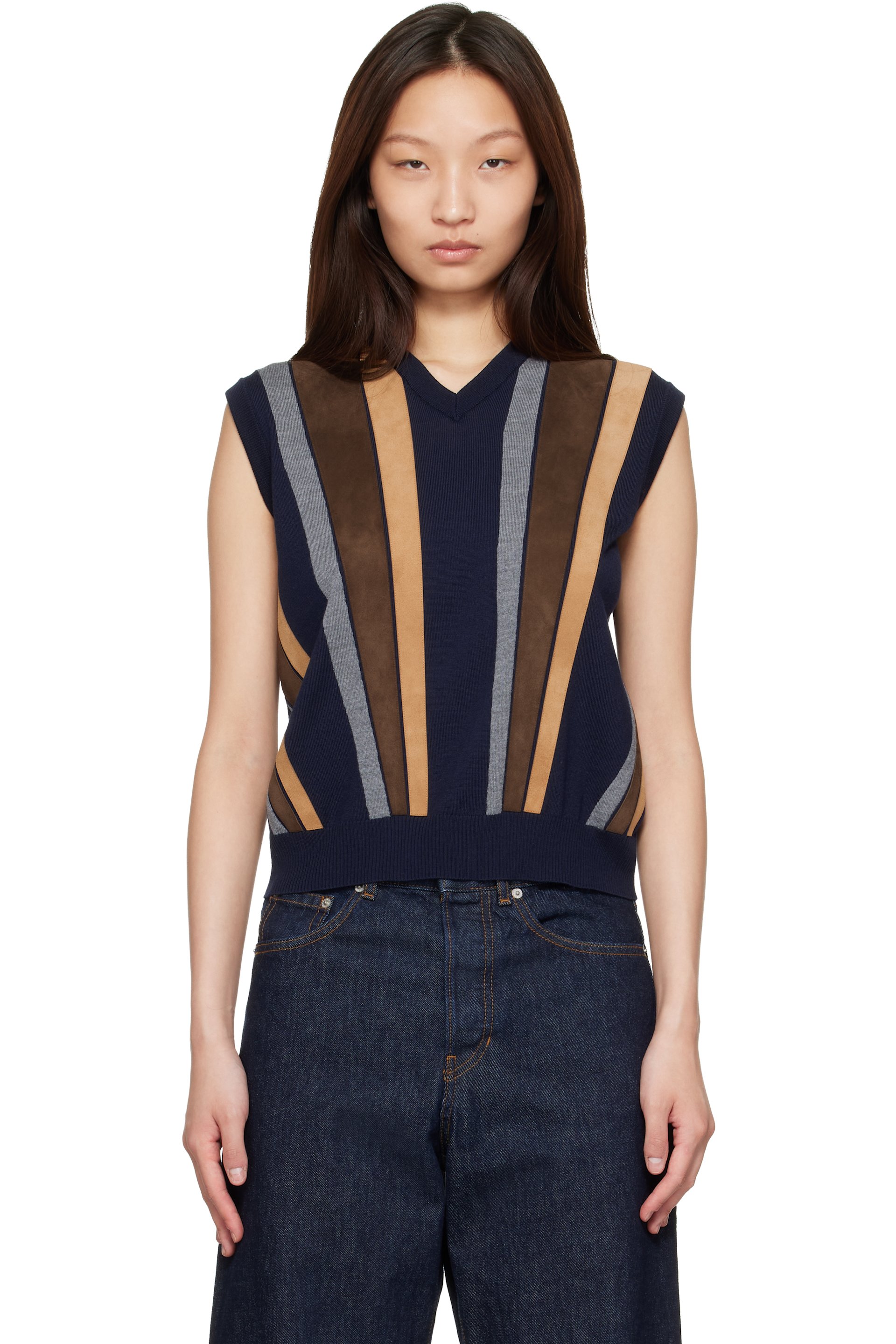 Versace - Gilet bleu marine en laine à patchwork en suède