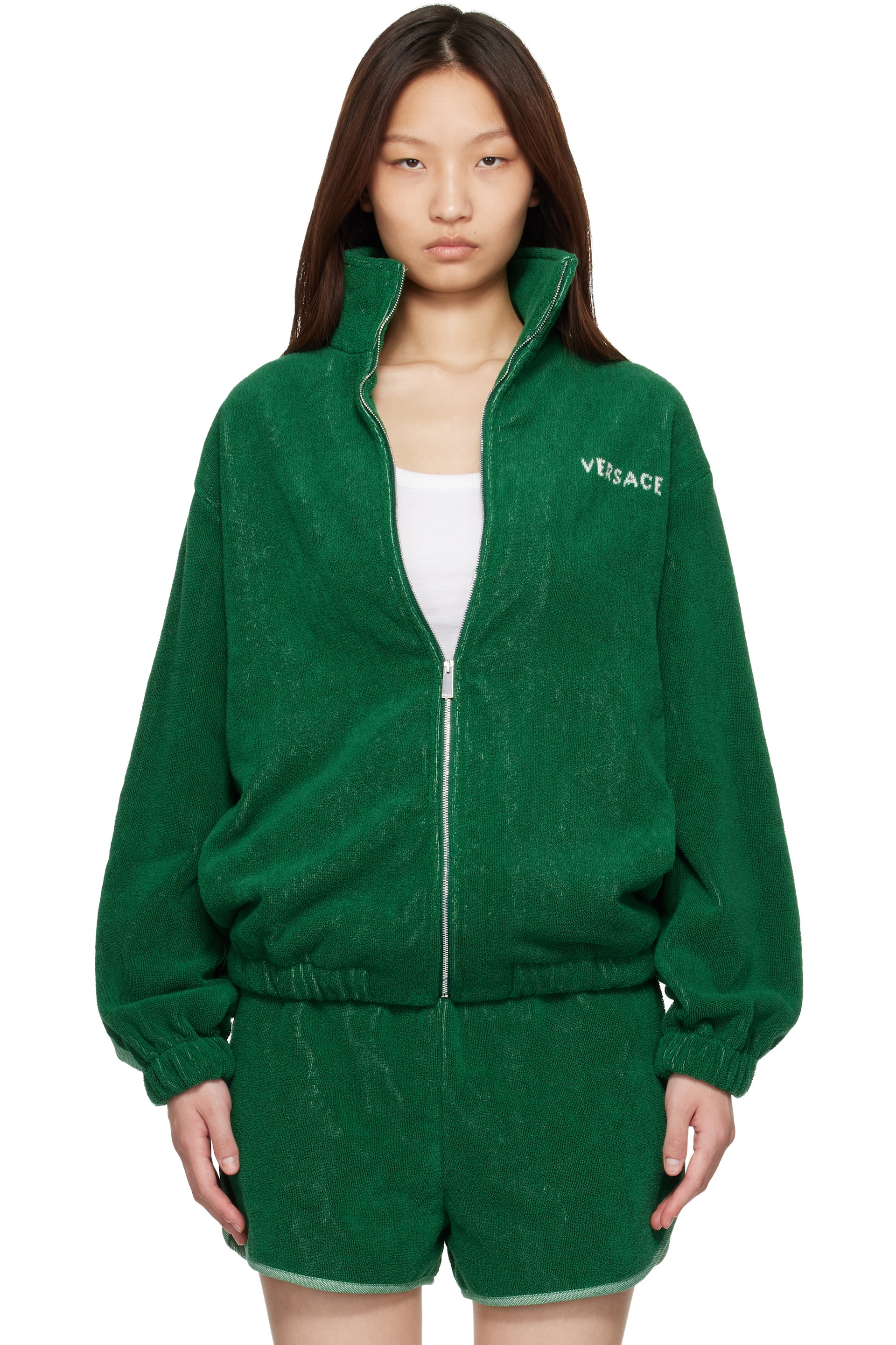Versace - Blouson vert en tissu éponge à glissière