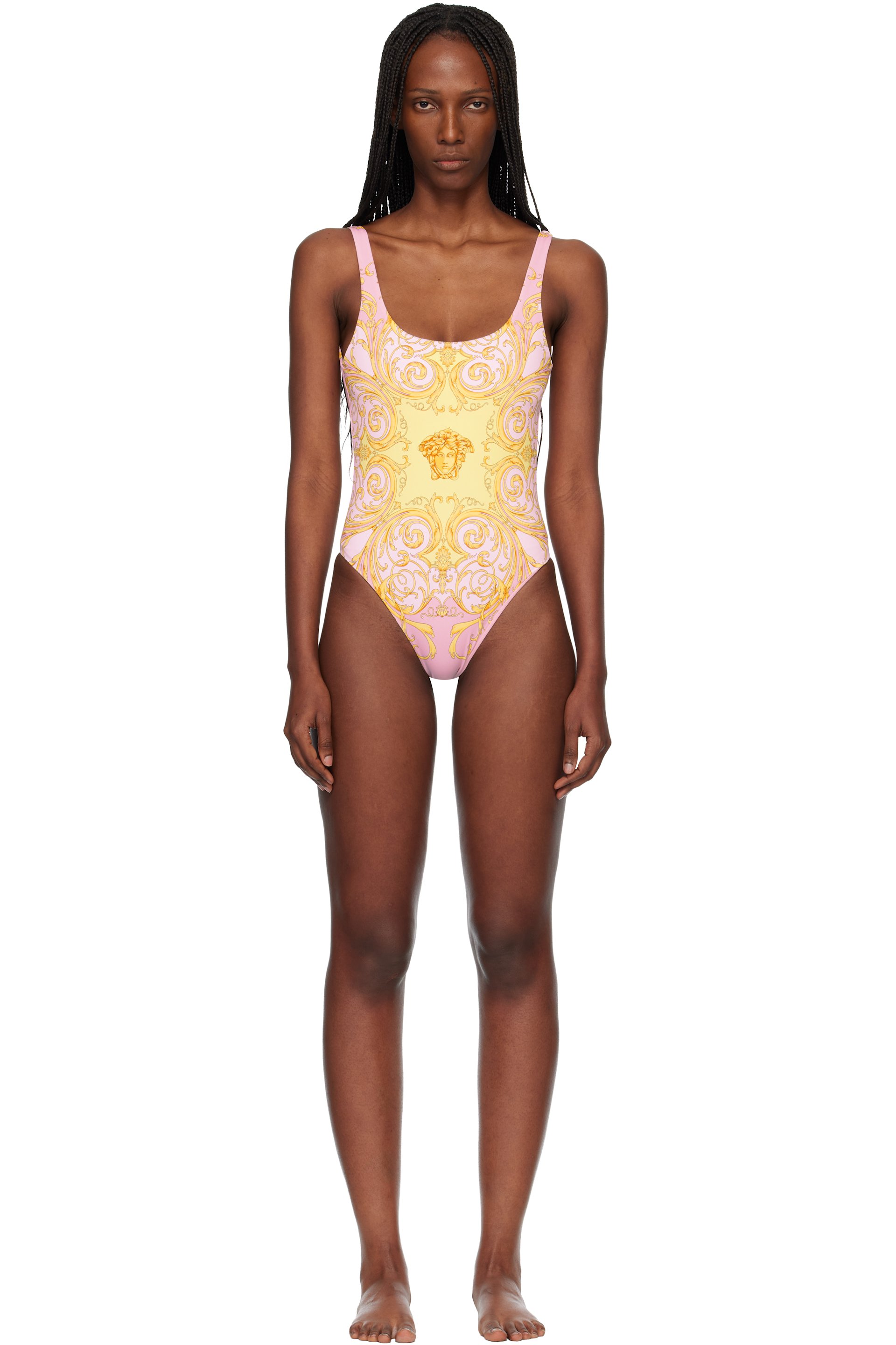 Versace - Maillot de bain une pièce jaune et rose à logos imprimés