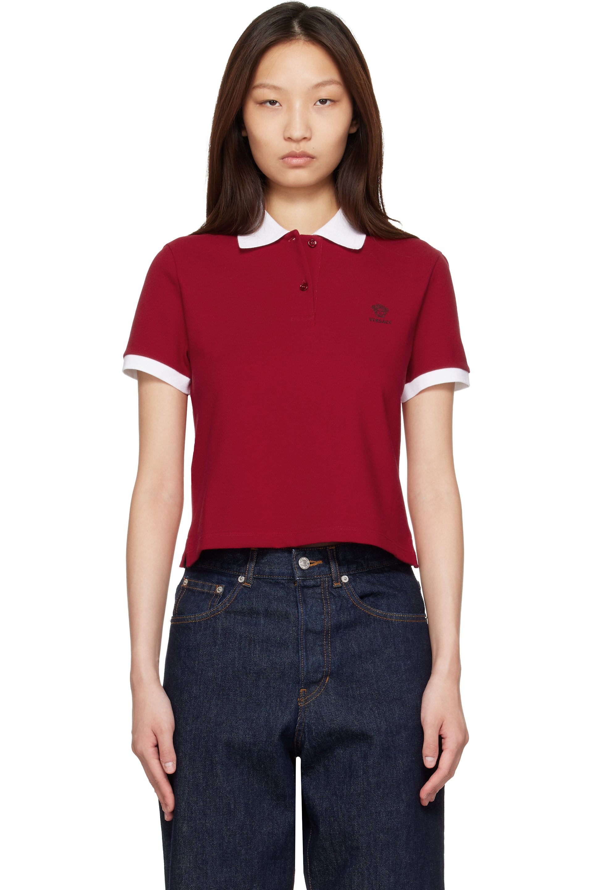 Versace - Polo rouge et blanc en piqué de coton à logo brodé