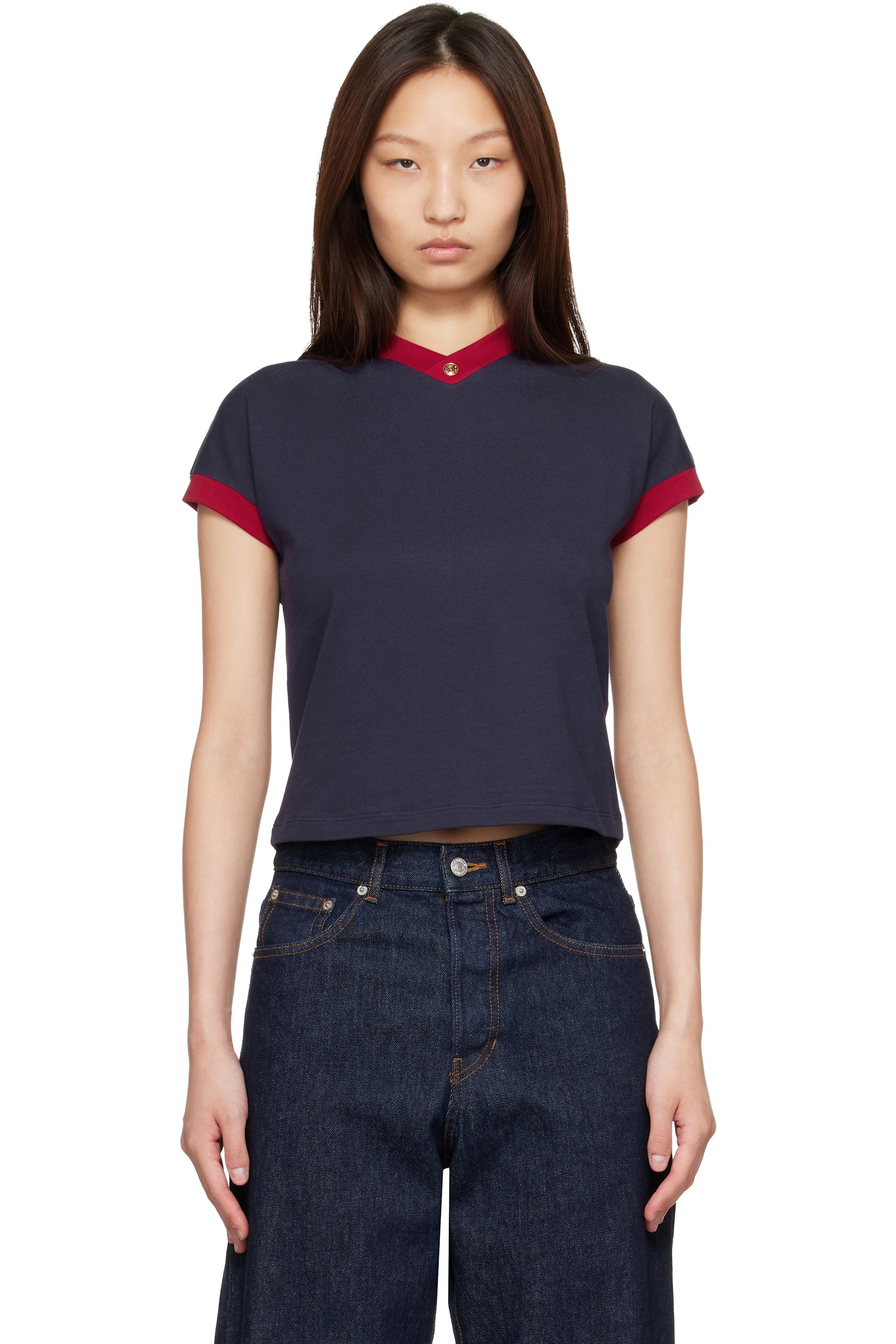 Versace - T-shirt bleu marine et rouge en jersey extensible de coton