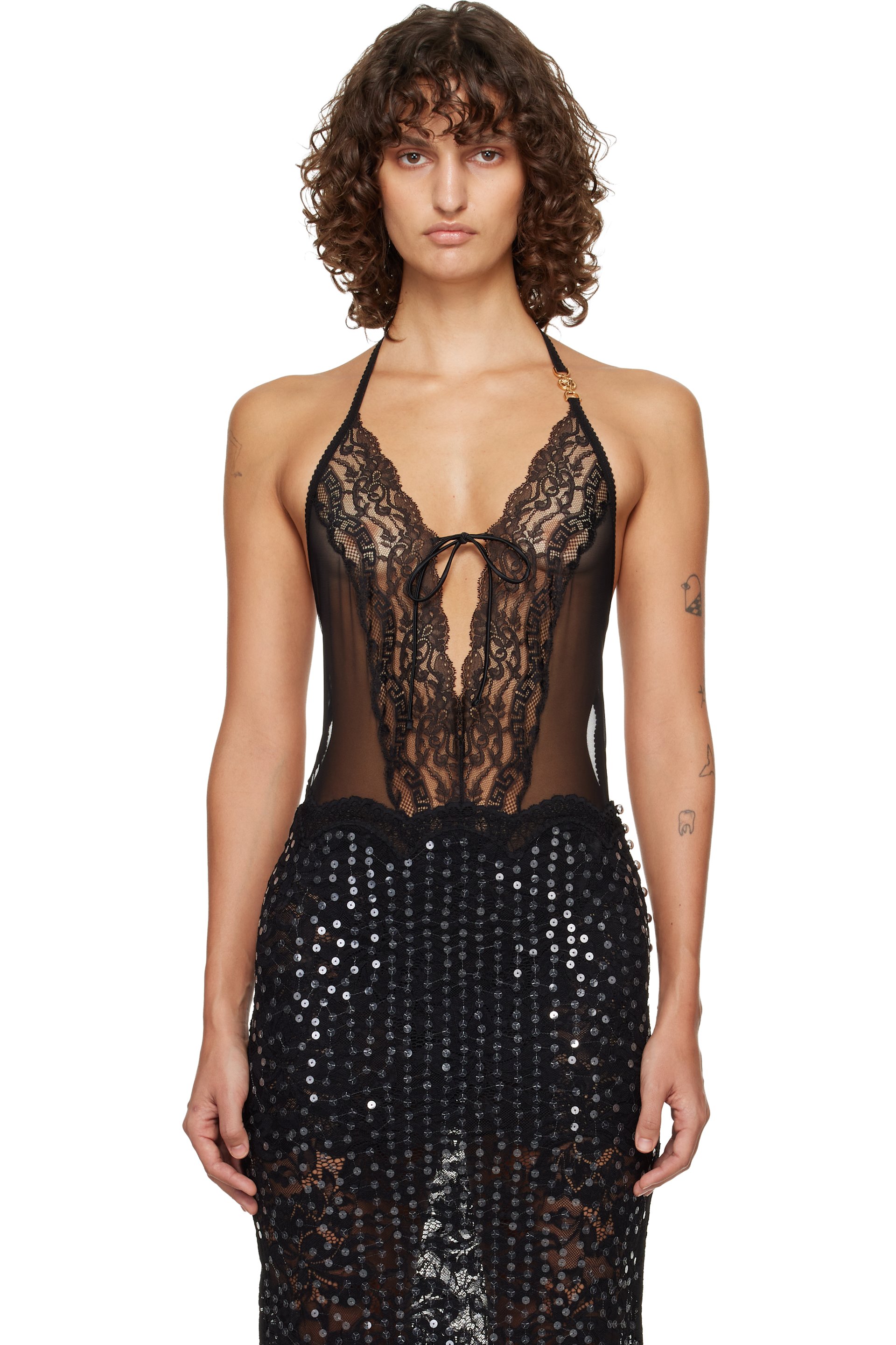 Versace - Black Embroidered Lace-Trim Bodysuit