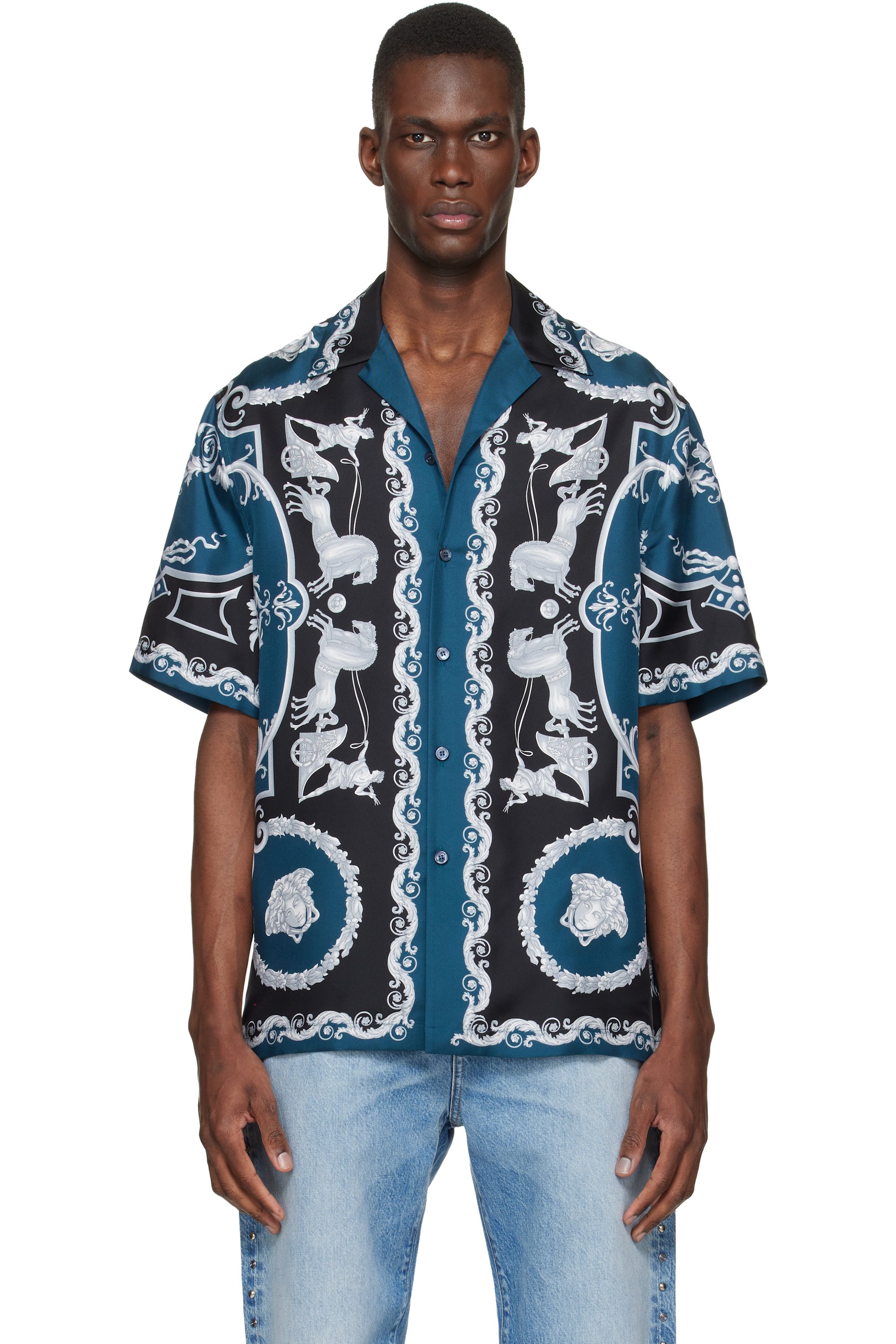 Versace - Blue & Black Printed Silk Twill Regular Shirt