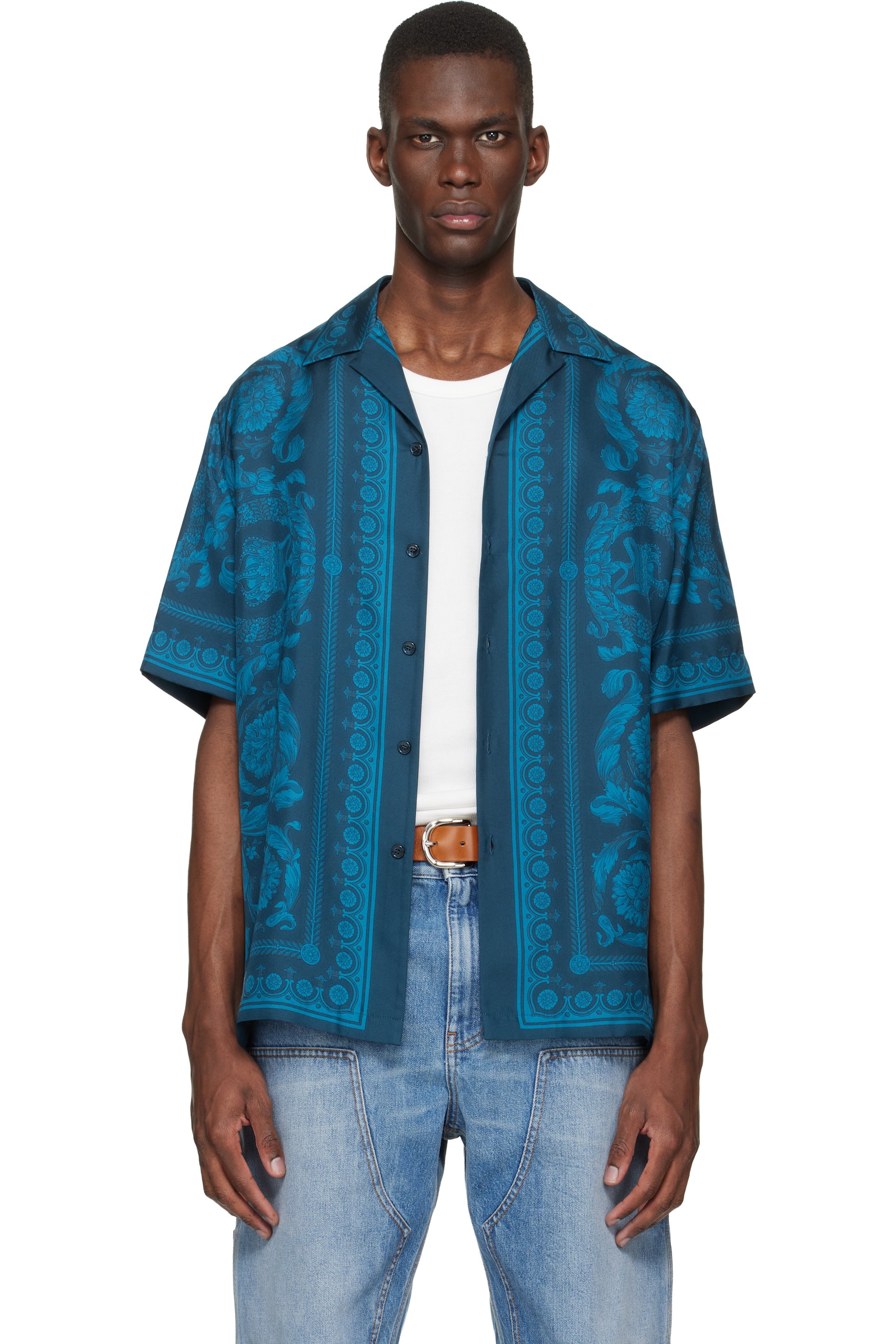 Versace: Blue Barocco Silk Shirt | SSENSE Versace: Blue Barocco Silk Shirt | SSENSE