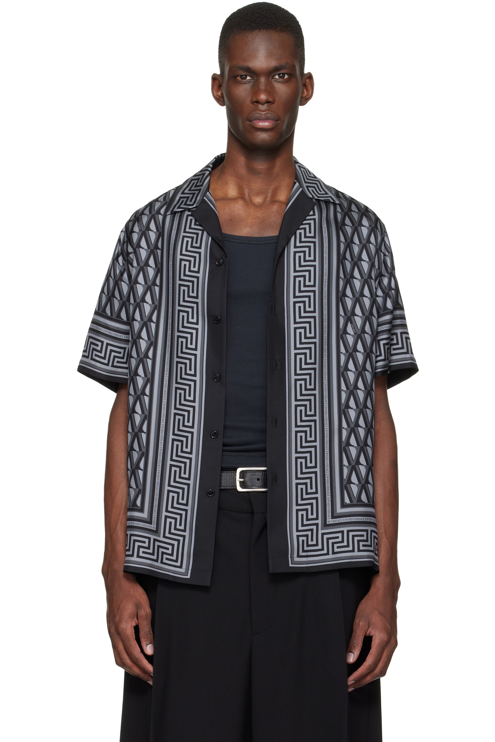 Versace - Black & Gray Printed Silk Twill Slim Shirt