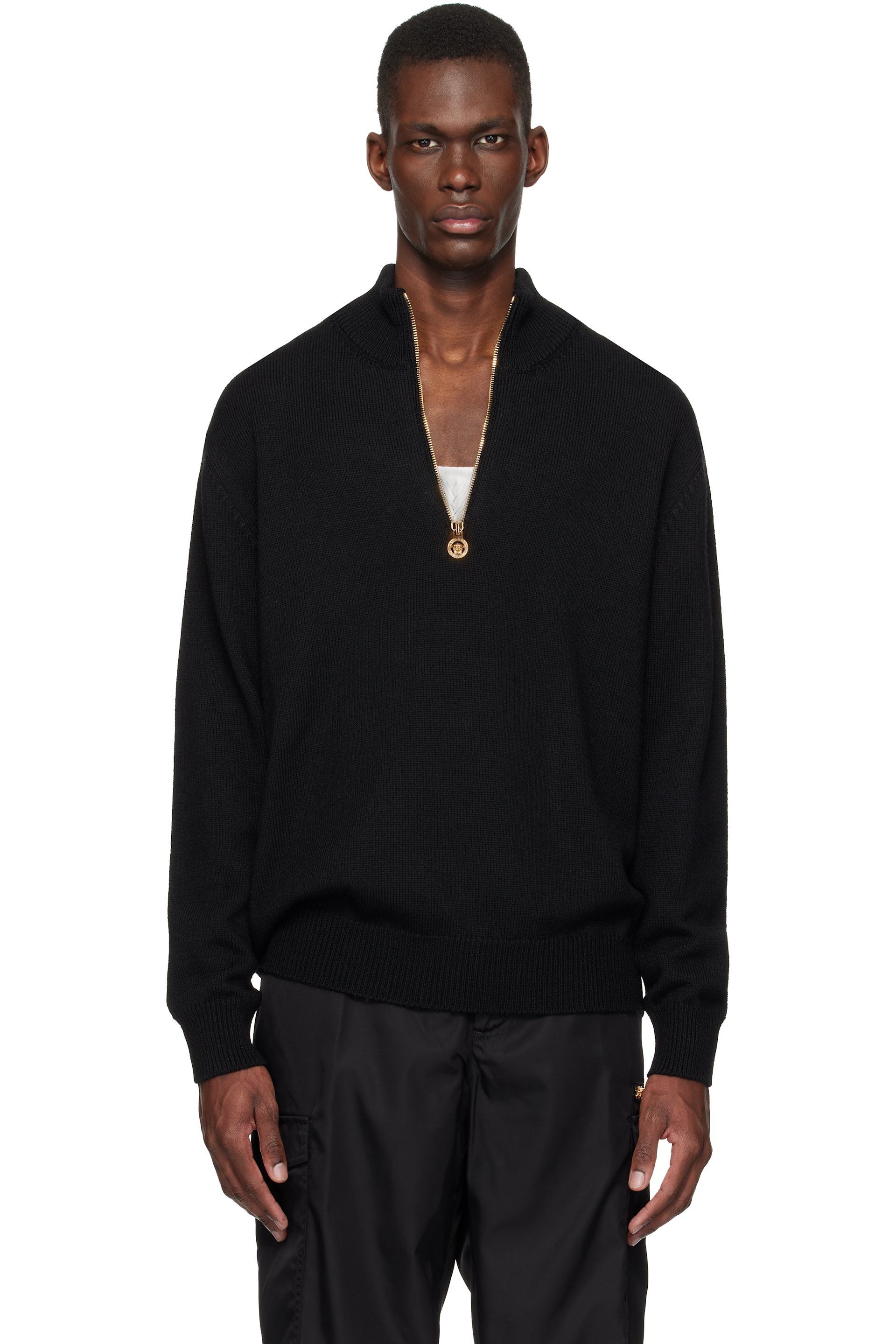 Versace - Black Wool-Blend Half-Zip Knit Sweater