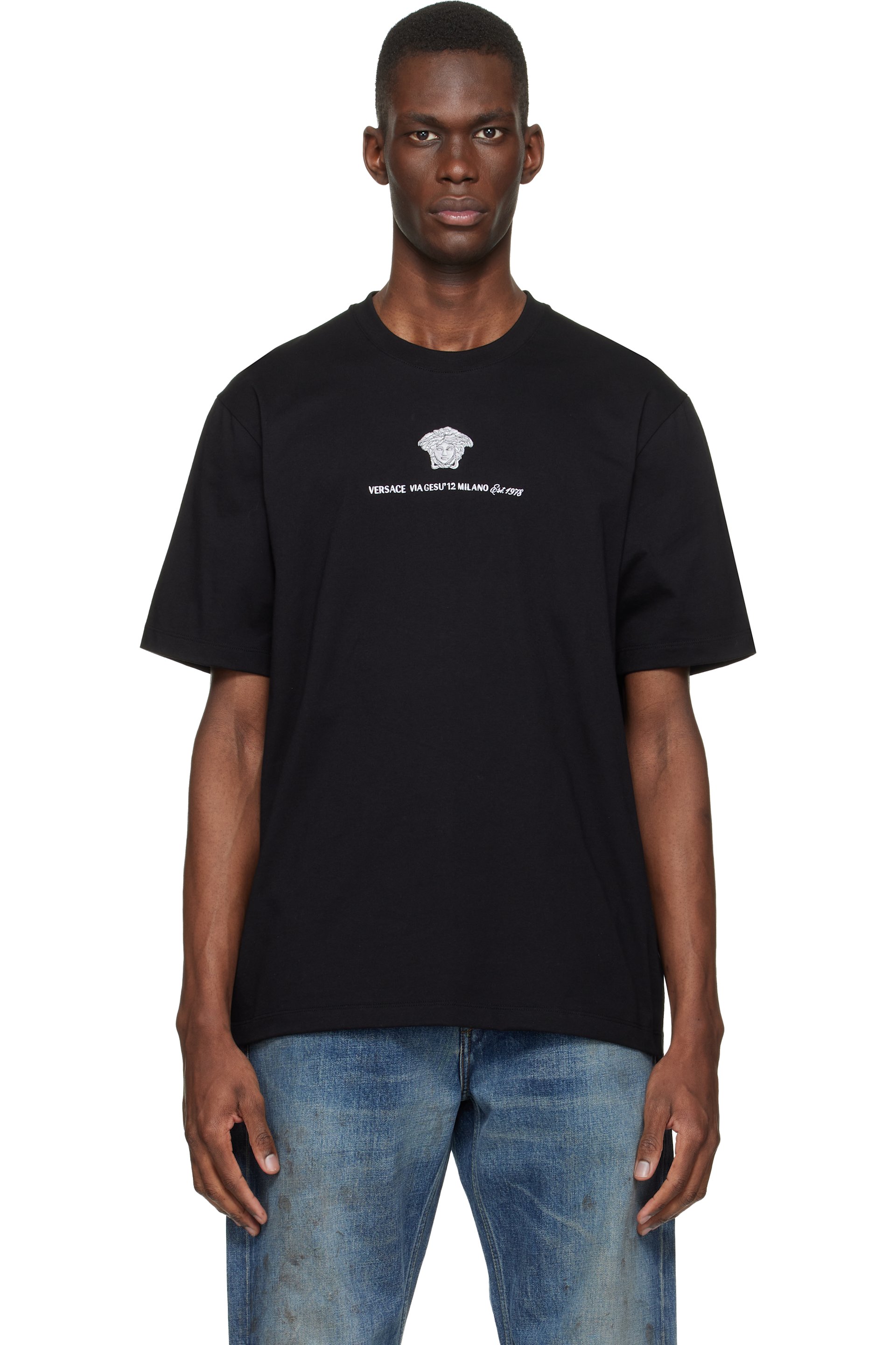 ゆ*り様 VERSACE ブラック Tシャツ Versace: Black Embroidered Cotton-Jersey T-shirt | SSENSE