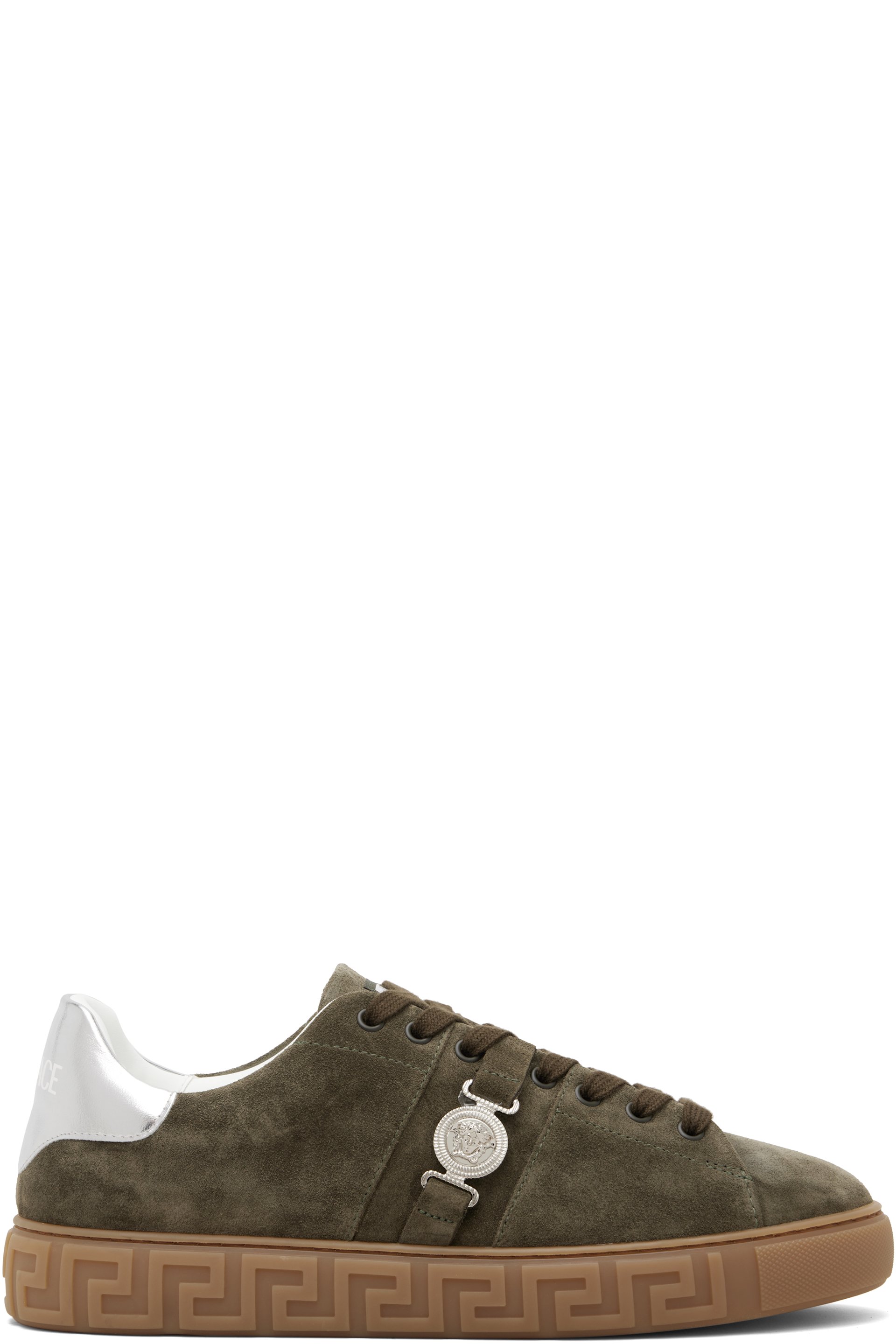 Versace - Khaki Greca Embellished Suede Sneakers