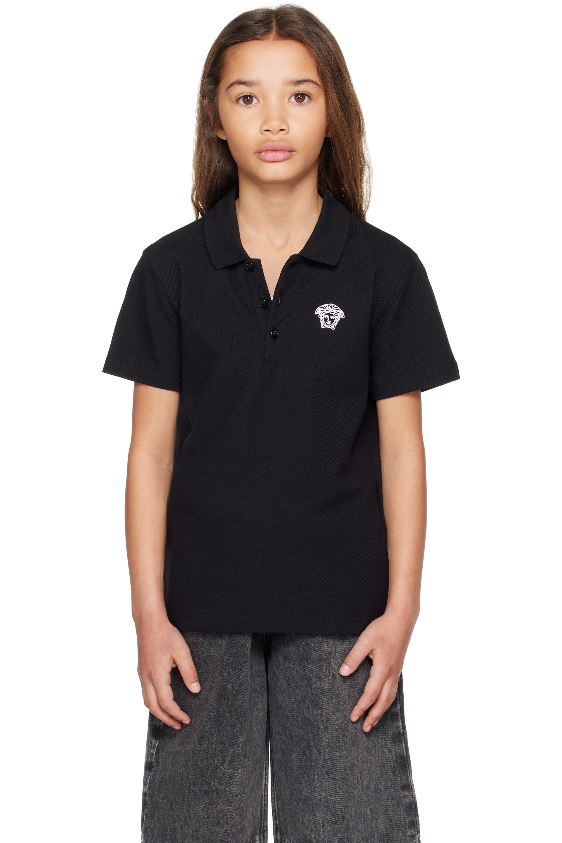 Versace - Kids Black Embroidered Cotton-Piqué Polo