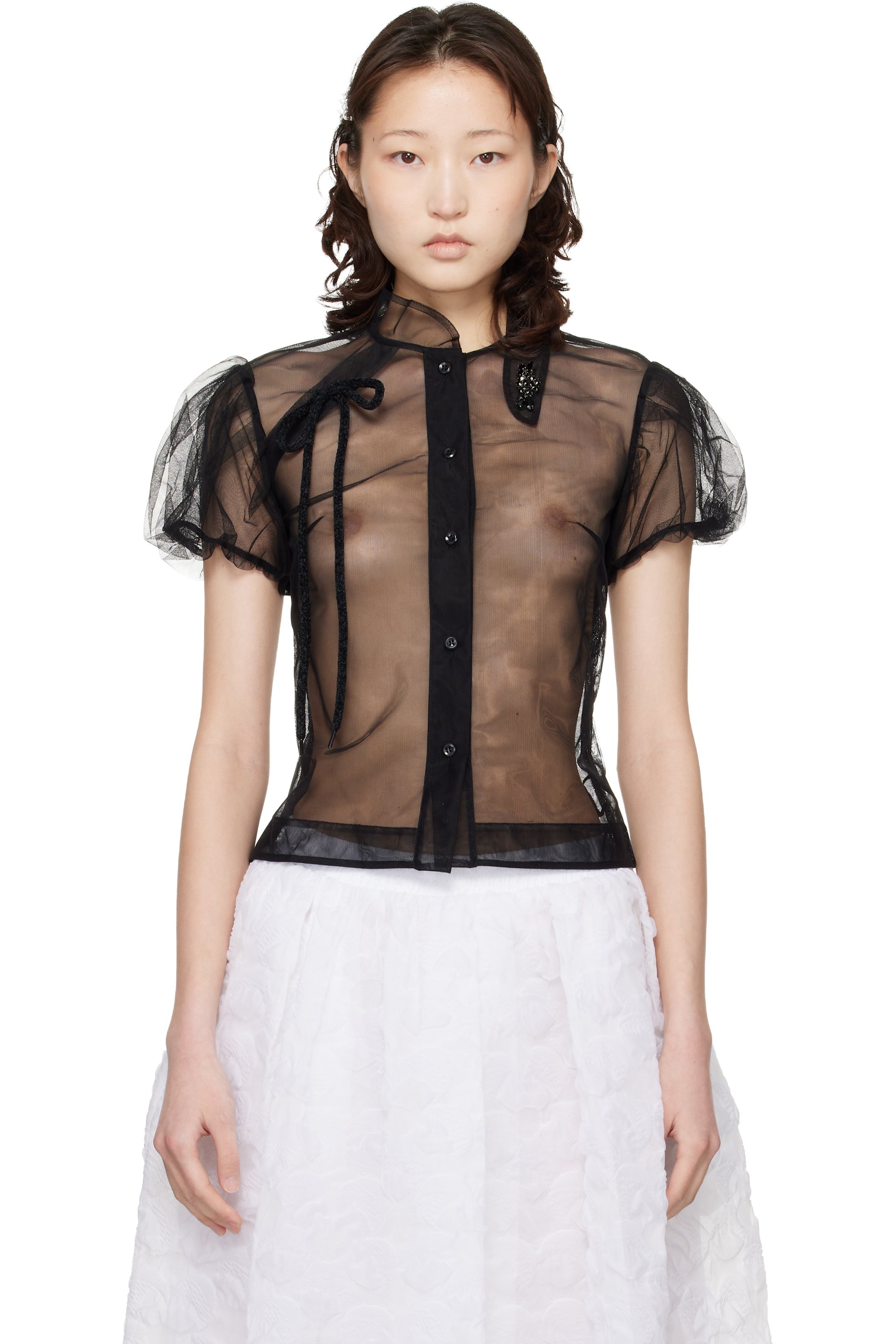 Simone Rocha - ブラック Offset Fragment Collar エンベリッシュド シアー シャツ