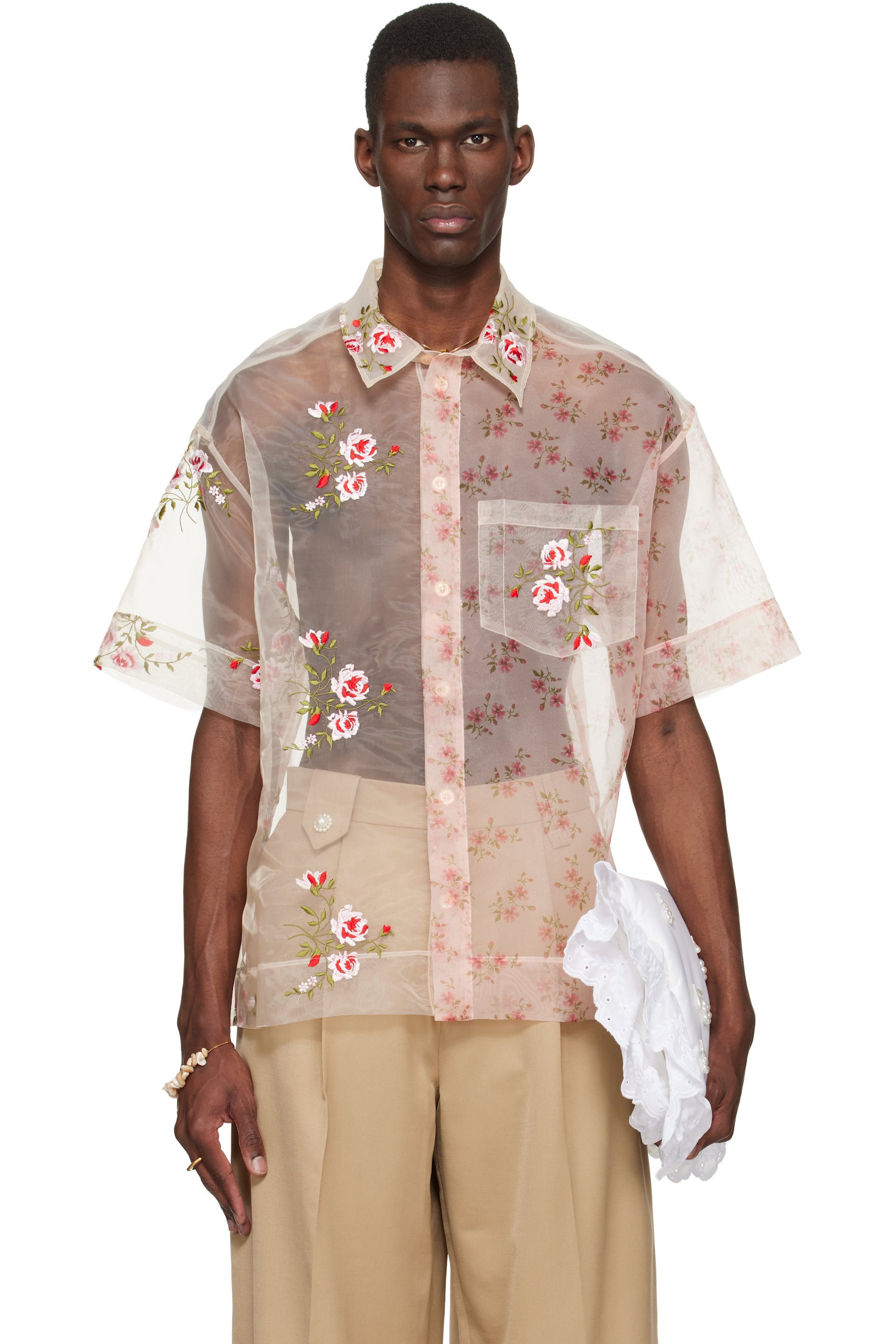Simone Rocha - Pink Sheer Patchwork Boxy Shirt