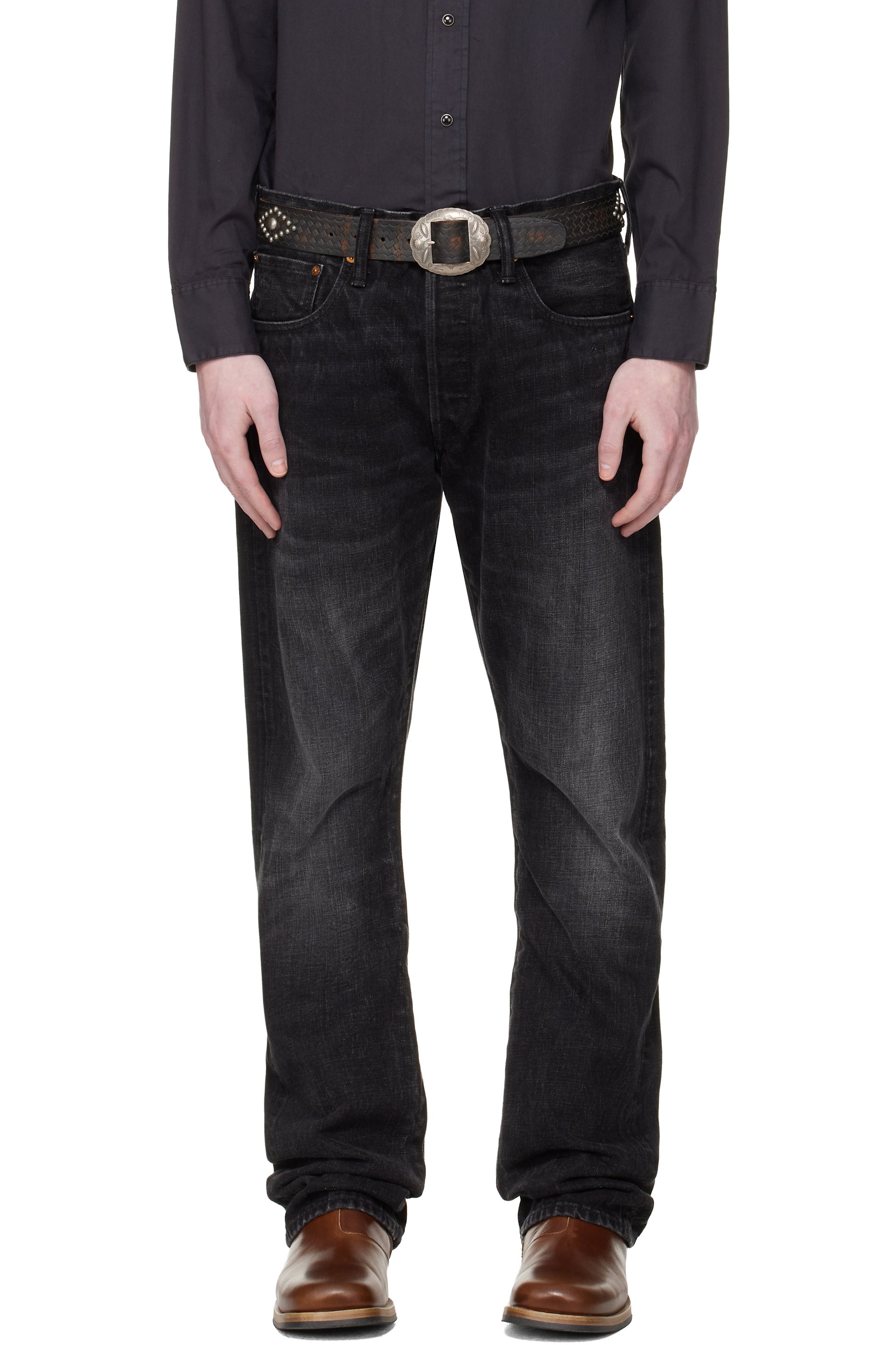 RRL - Black Slim Boot Distressed Selvedge Jeans