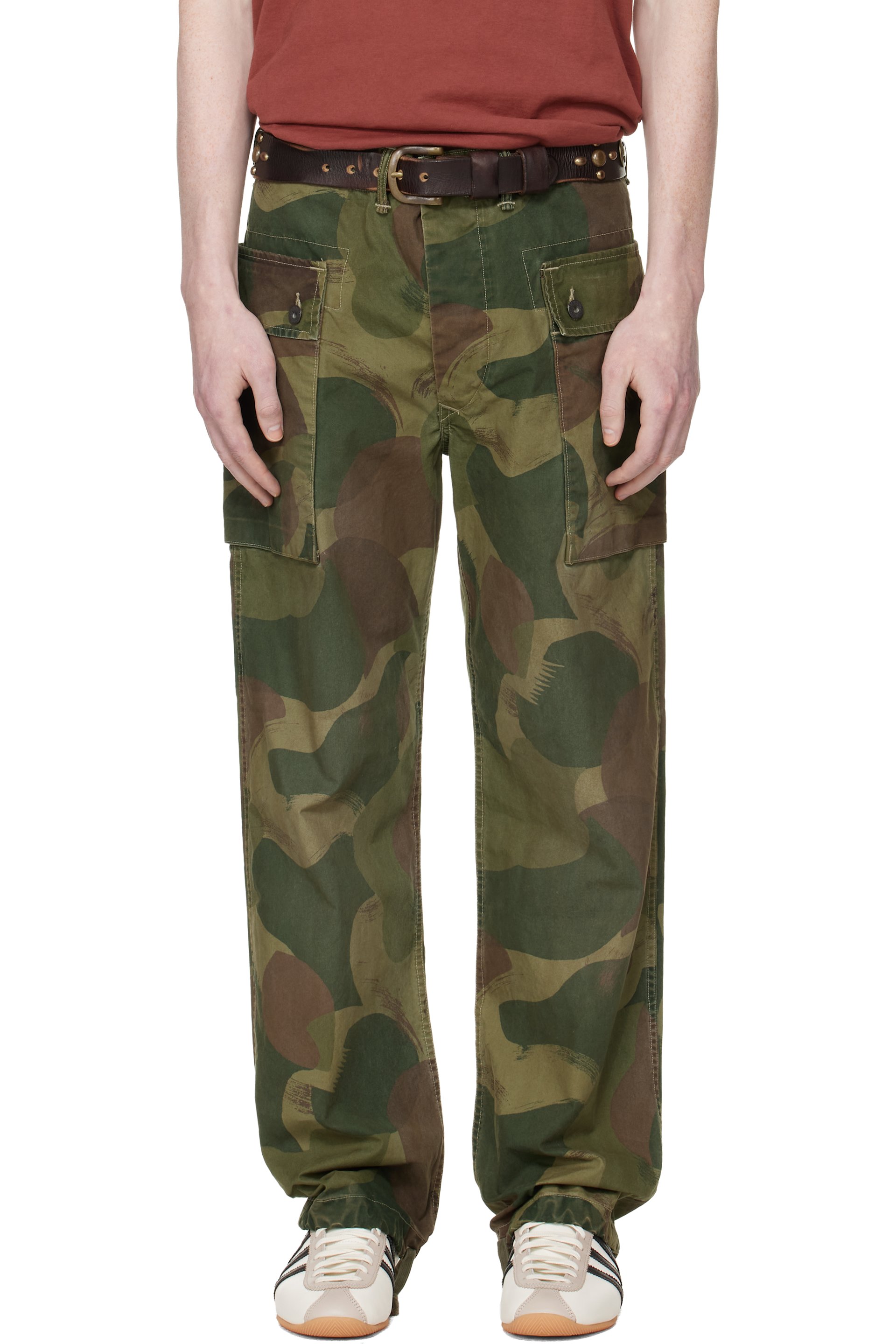 RRL - Pantalon cargo militaire vert en popeline à motif camouflage