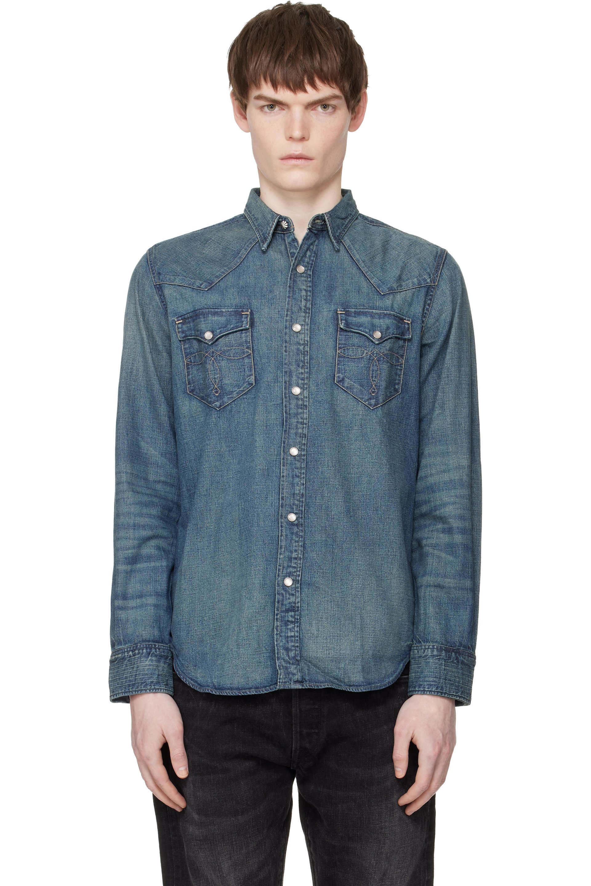 RRL: ブルー スリムフィット デニム ウエスタンシャツ | SSENSE 日本 RRL: ブルー スリムフィット デニム ウエスタンシャツ | SSENSE 日本