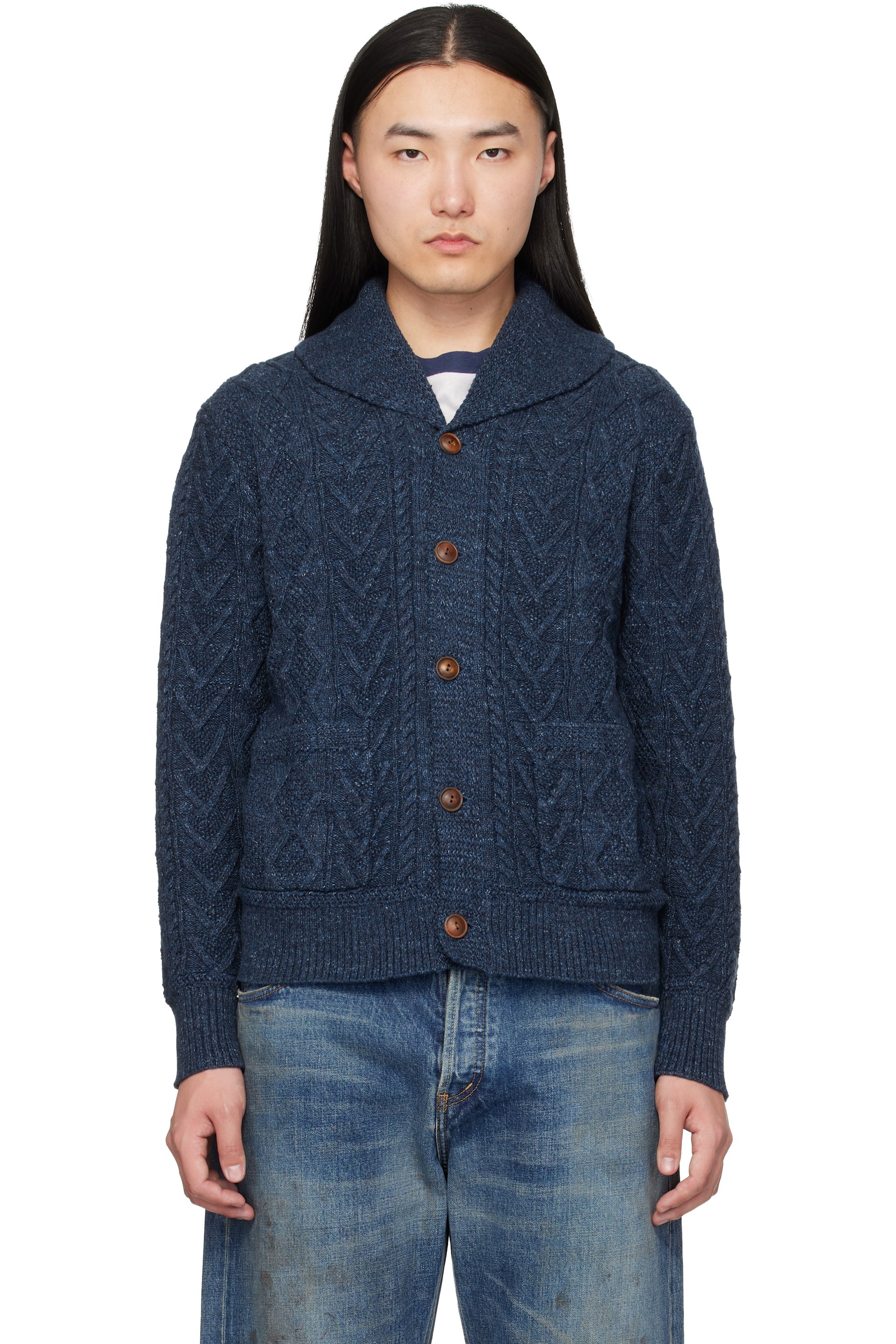 RRL ネイビー カーディガン M 100%メリノウール RRL: ネイビー アランニット コットン カーディガン | SSENSE 日本