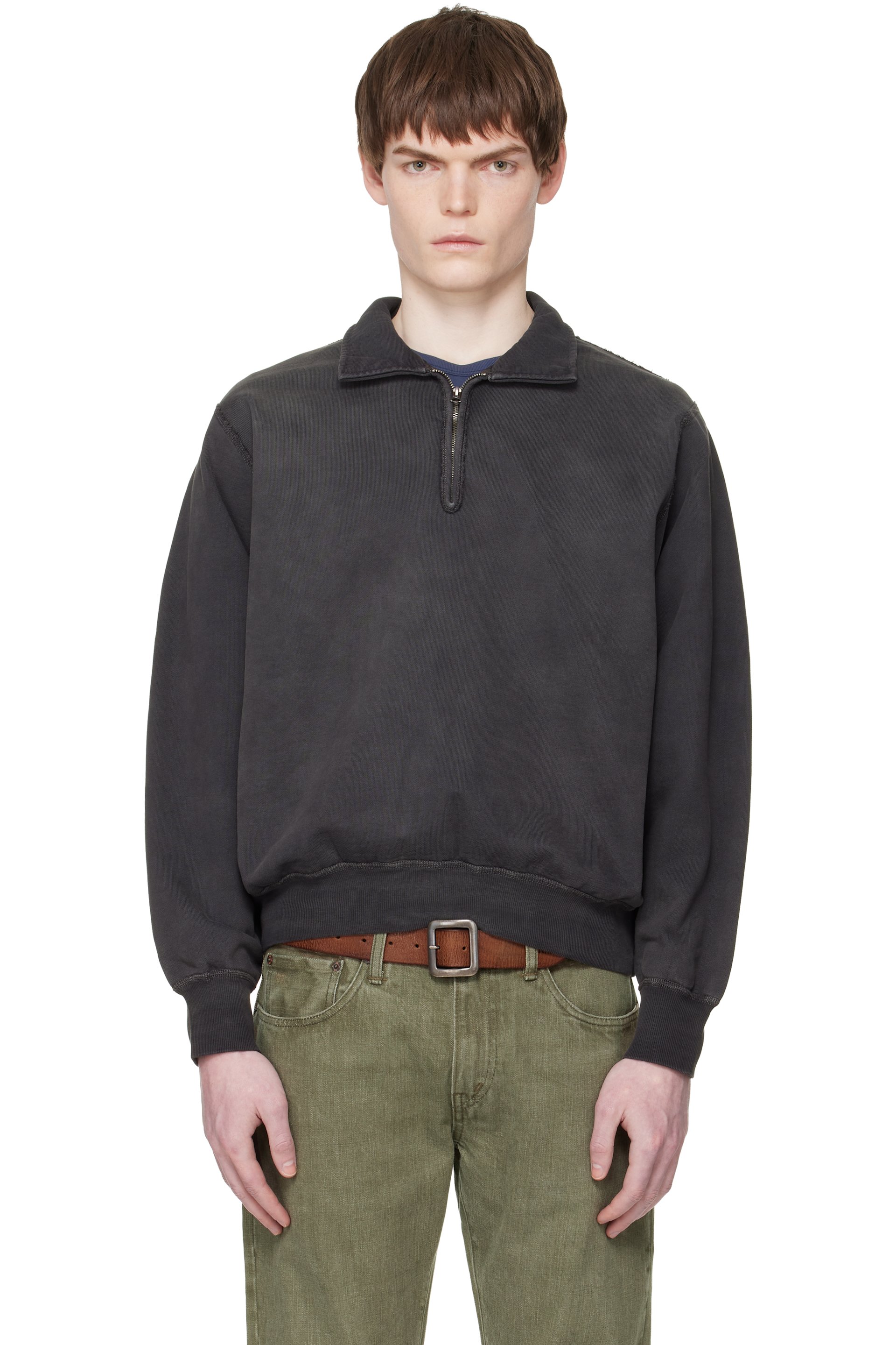 RRL - Black French Terry Quarter-Zip Polo