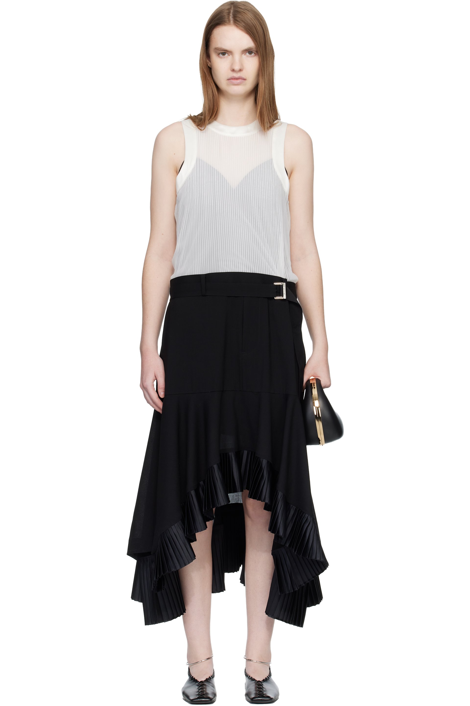 sacai - Robe midi noir et blanc cassé et tissu de costume et en satin