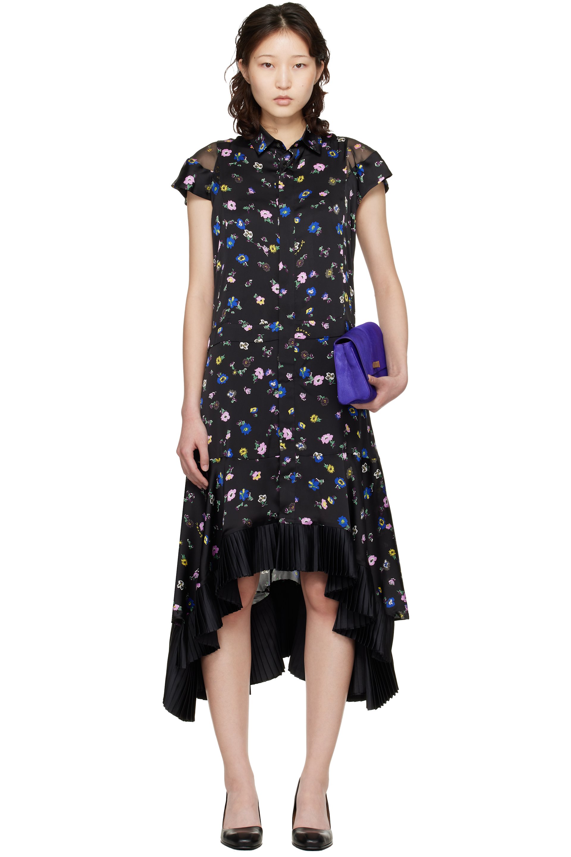 sacai: Black Floral Printed Midi Dress | SSENSE