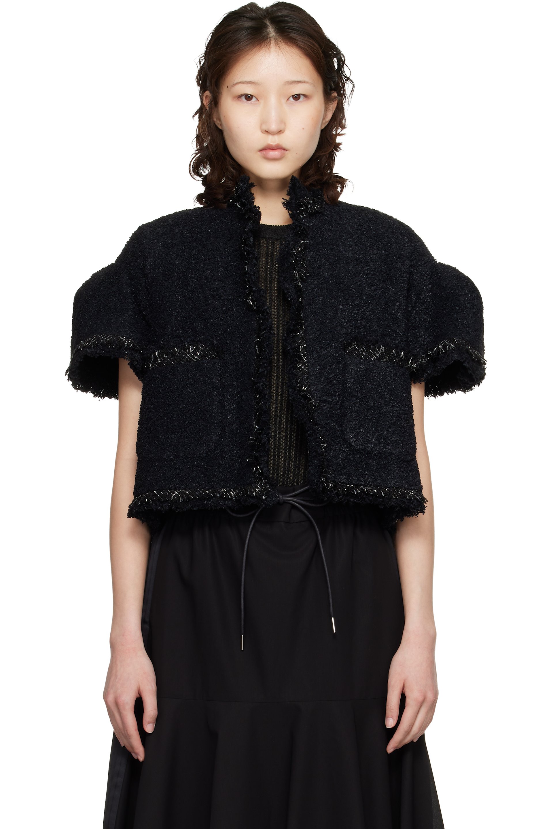 sacai: Black Tweed Jacket | SSENSE