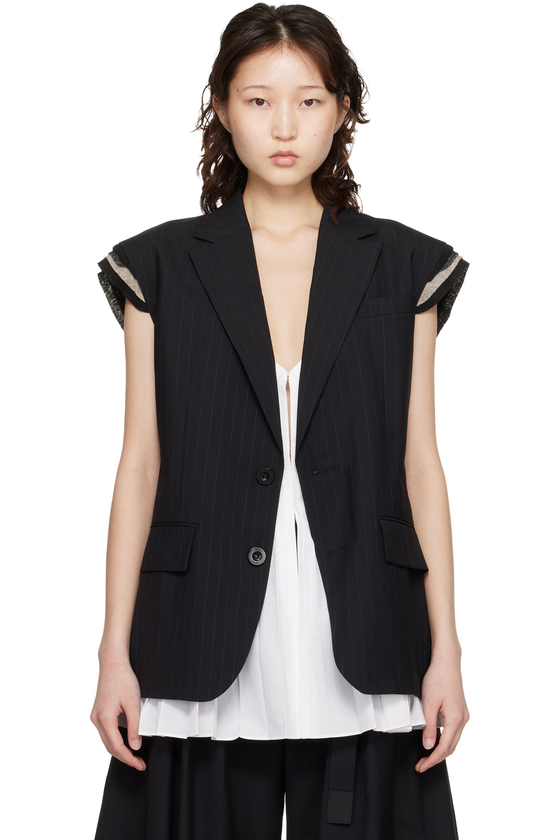 sacai - Black Chalk Stripe Vest