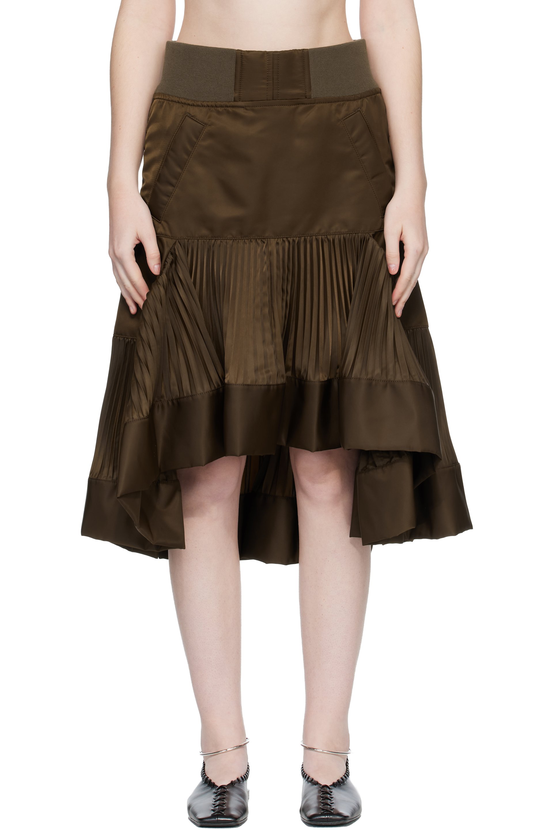 sacai - Jupe midi brune en sergé de nylon
