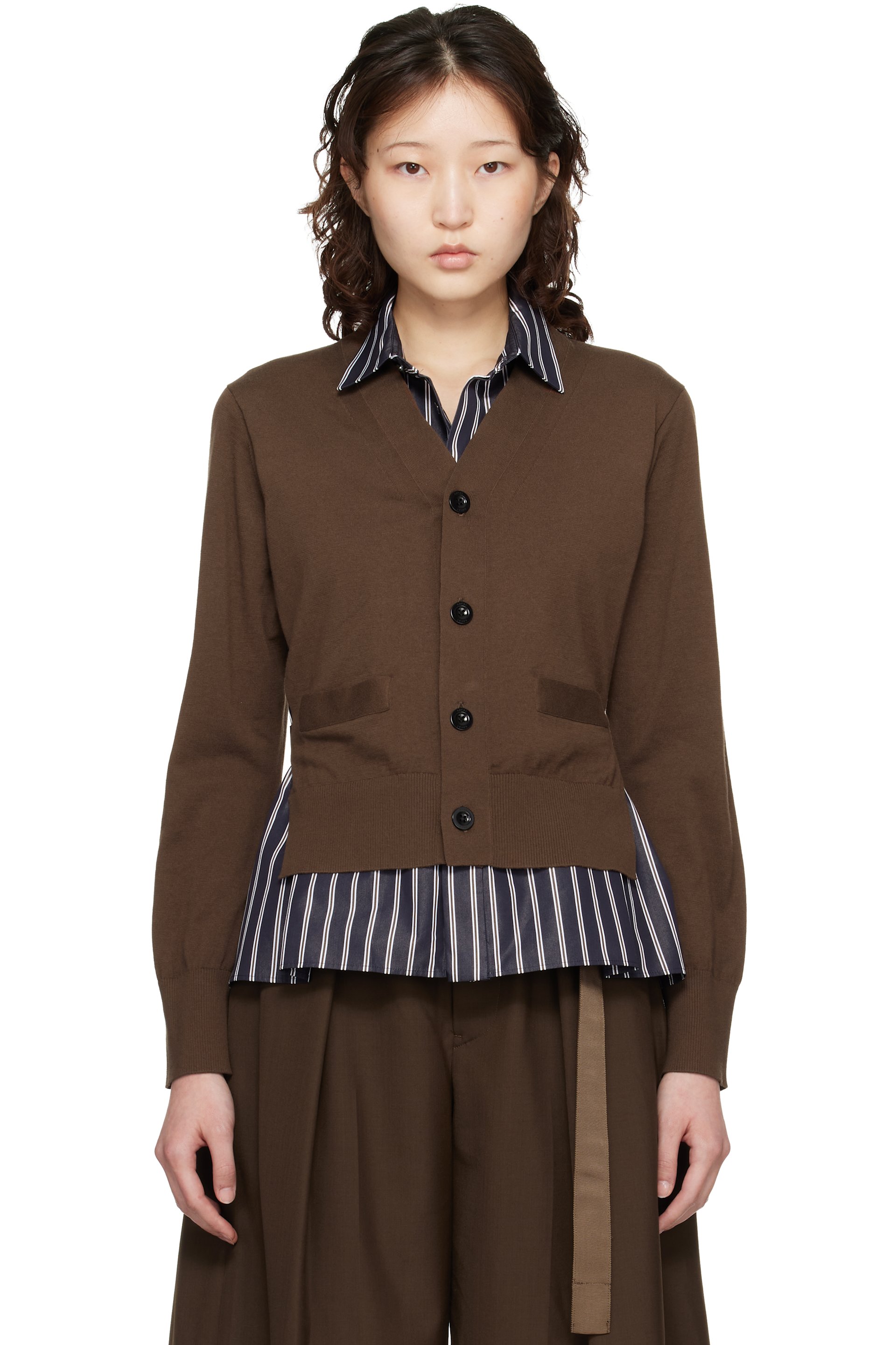 sacai - Cardigan brun en popeline et en tricot de coton